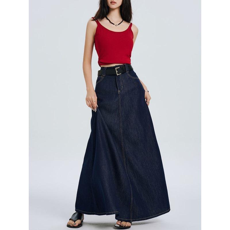 Women's Solid Color Loose Fit Blue Vintage Denim Skirt