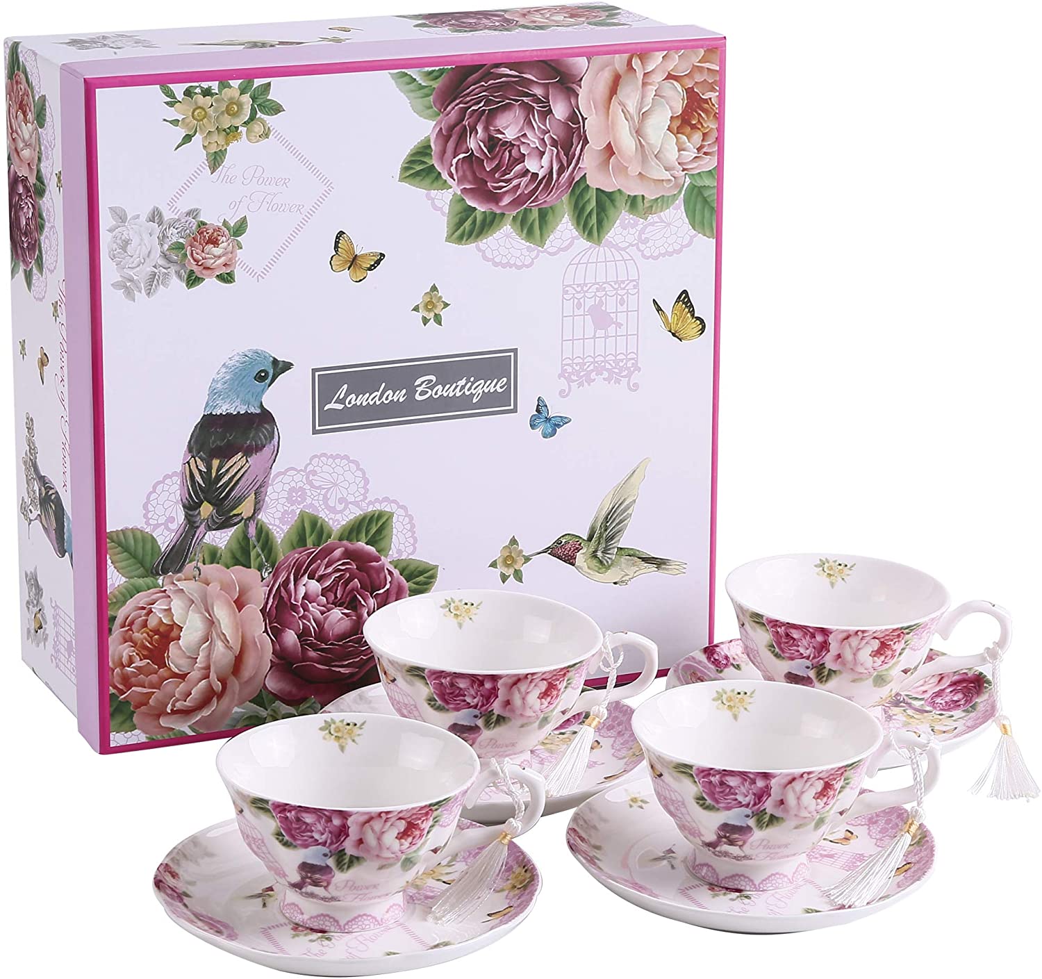 Christmas New Year Family Party Set Special 3 Tier Cake Stand Teapot Milk Jug 4 Cups 4 Saucers (Bird Rose)
