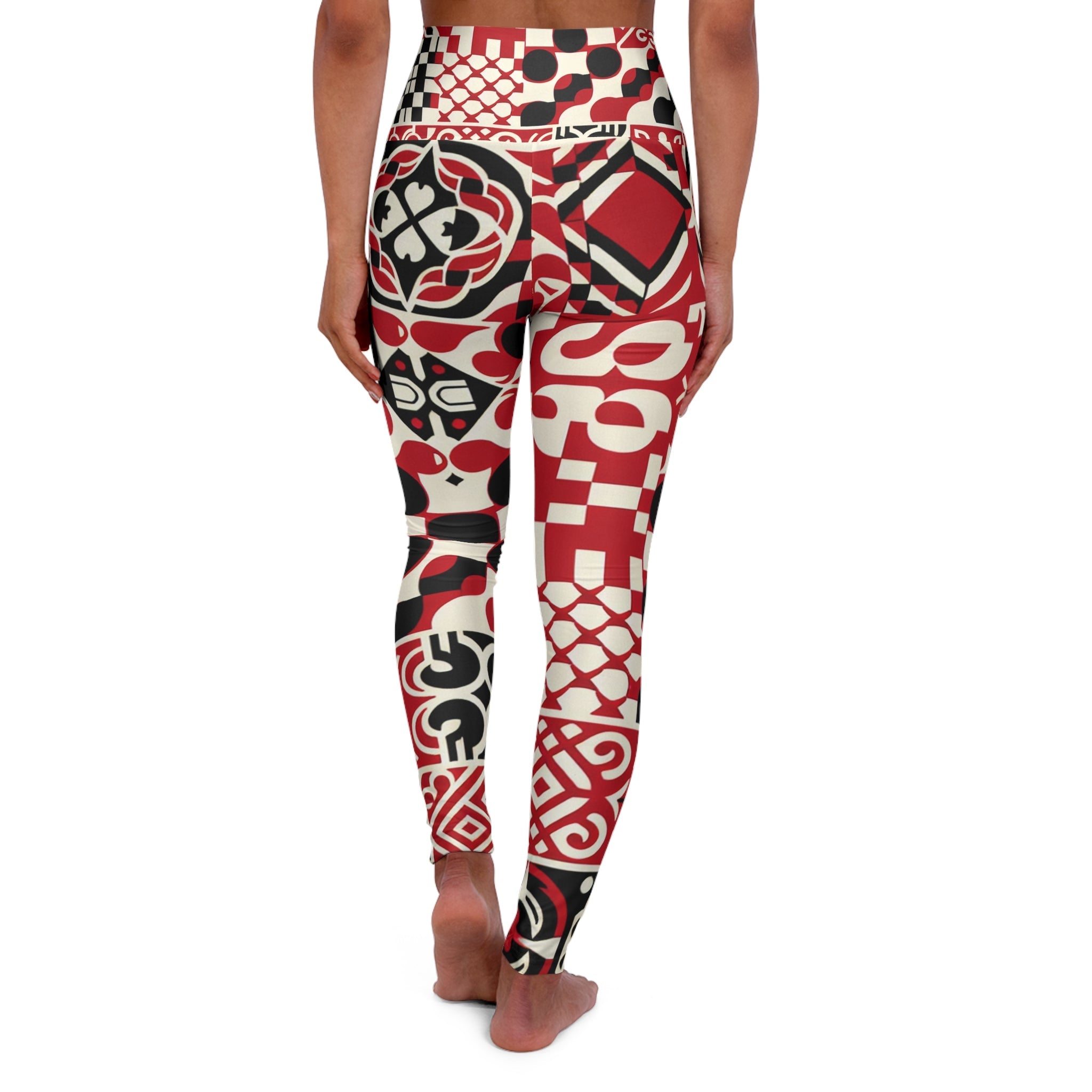 High-Waisted Red Checkerboard Yoga Leggings with Modern Block Print Design