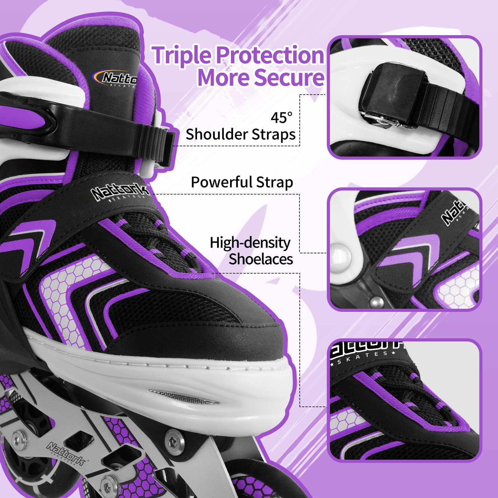 Adjustable Inline Skates for Girls, Girls Roller Skates with All Light up Wheels for Big Kids, Purple, Size 1 2 3