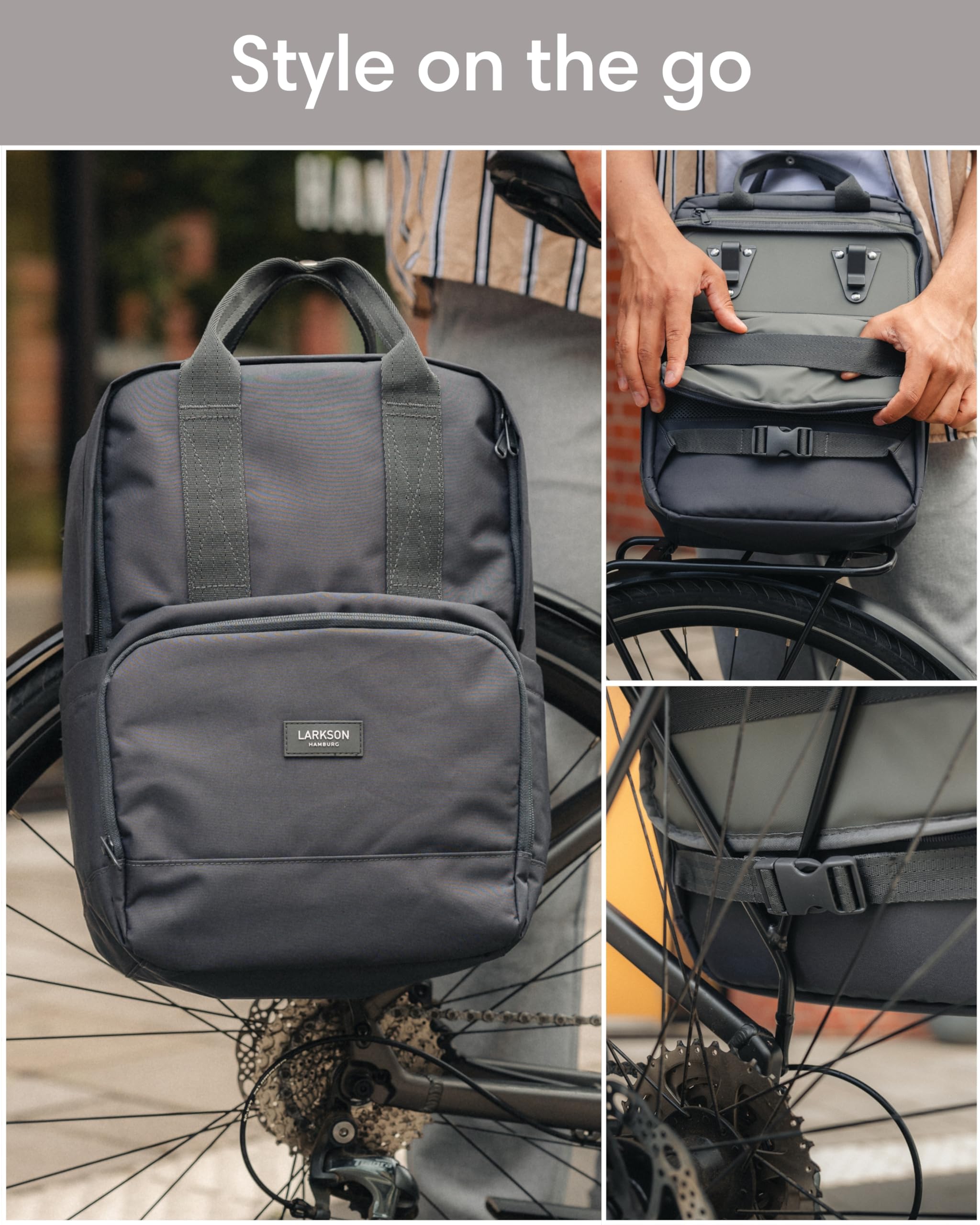 LARKSON Bike Pannier Bag for Bicycles Green - No 6 Bike - 2 in 1 Cycling Backpack & Rear Rack Bag - Cycle Rucksack - Water-Repellent