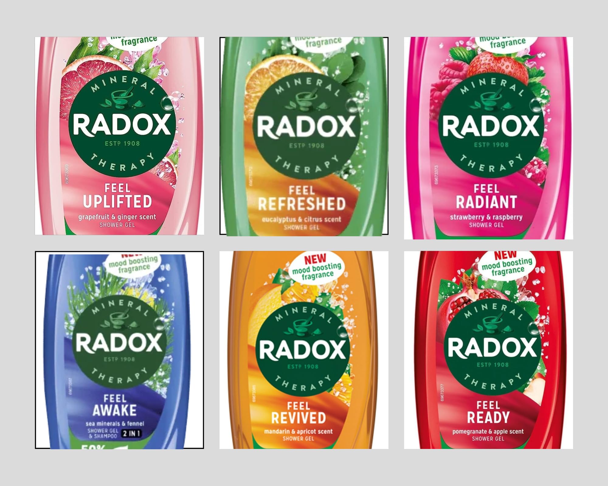 Radox Shower Gel Bundle For Everyday Use | 1x250ml Uplifting | 1x250ml Feel Ready | 1x250ml Revive | 1x250ml Feel Detox | 1x250ml Feel Refreshed |