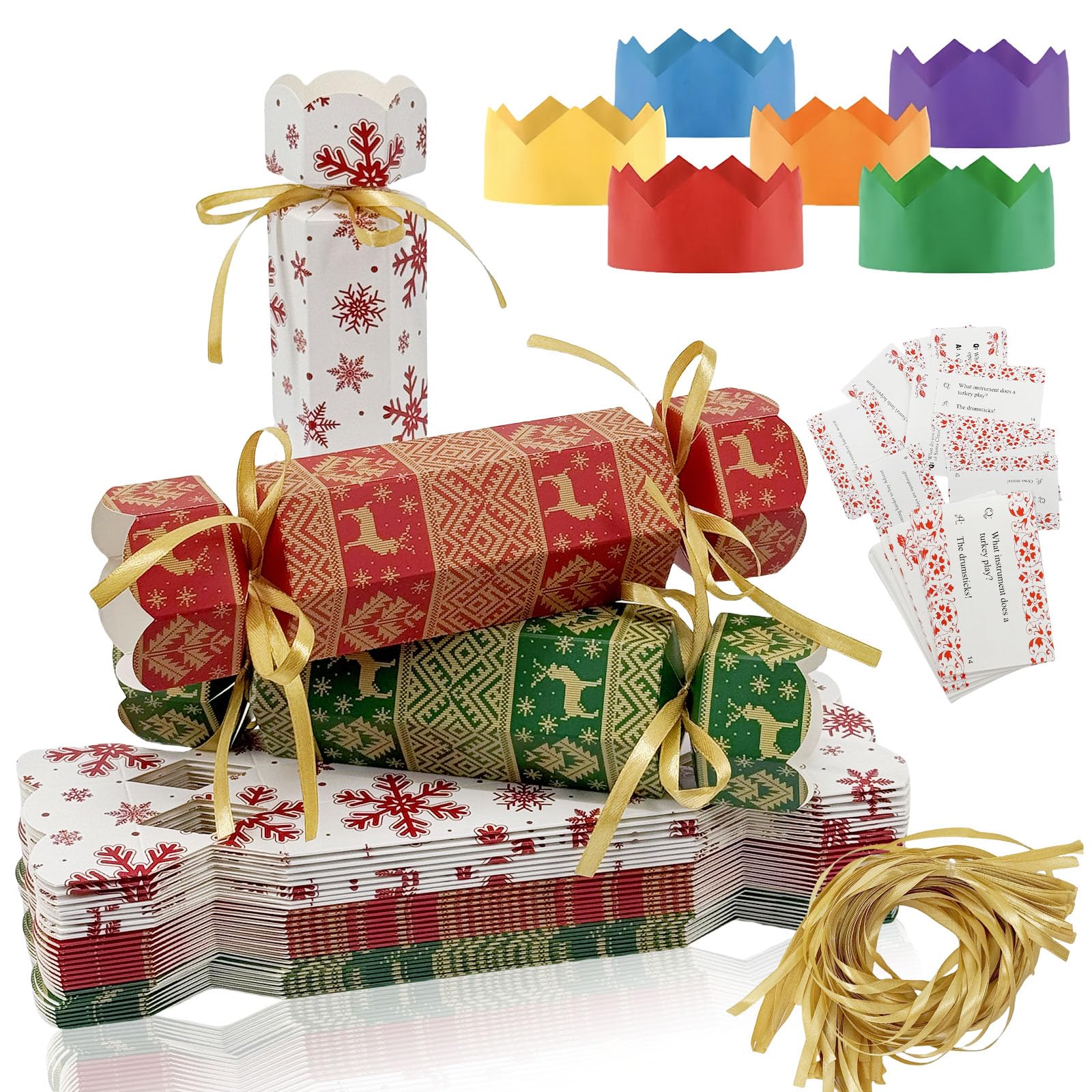 30 Sets Diy Christmas Crackers Bulk,Christmas Party Crackers,Make Your Own Xmas Cracker Kit,Xmas Luxury Cracker Candy Paper Boxes with Hats/Joke,Xmas