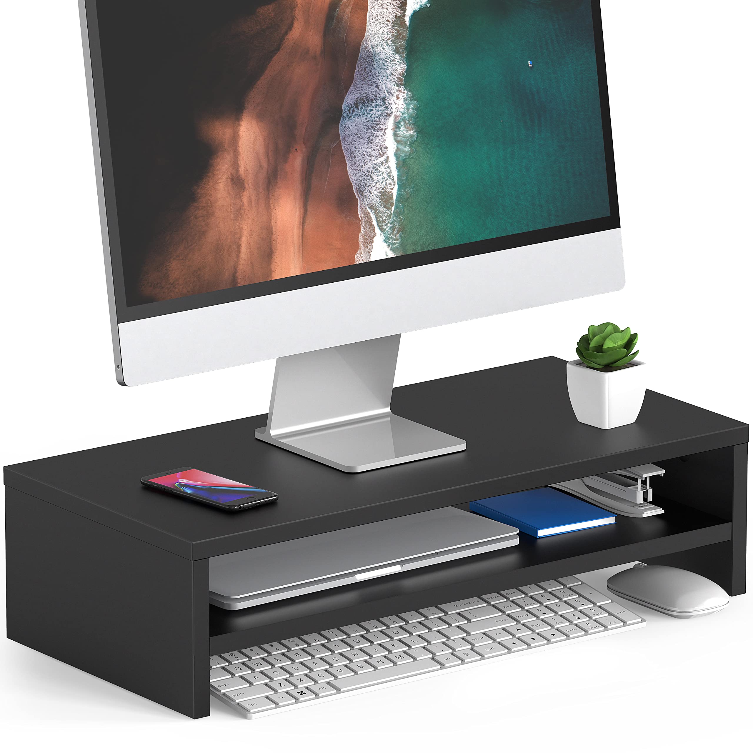 FITUEYES Monitor Stand 2 Tiers Computer Monitor Riser,54cm Wood Desktop Stand for Laptop Computer Screen Riser, with Storage Shelf, Office Supplies,