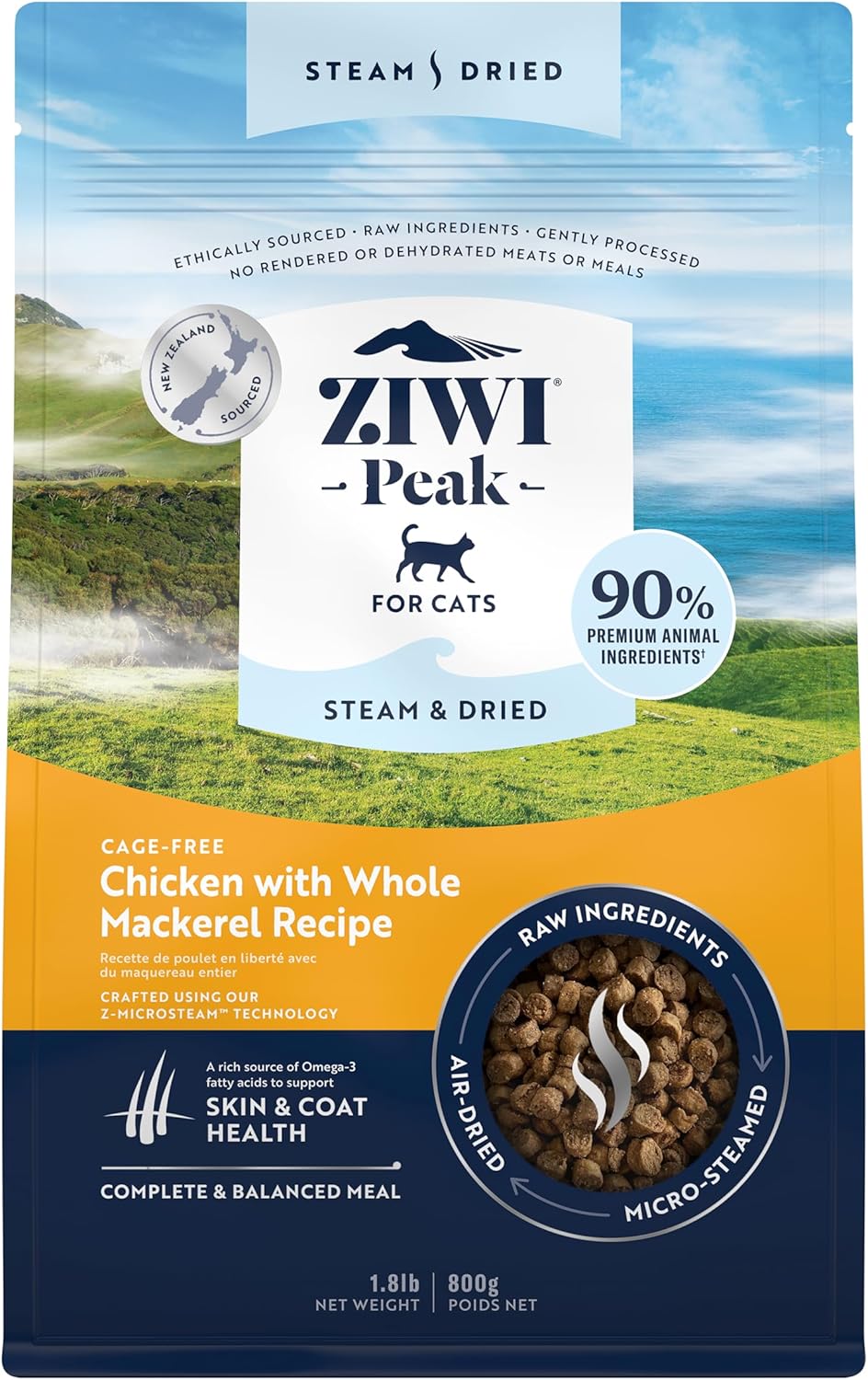 Peak Steam & Dried Cage-free Chicken with Whole Mackerel, 800 g - Natural, High Protein Cat Food Dry, Raw Alternative & Grain Free Complete Dry Cat Food