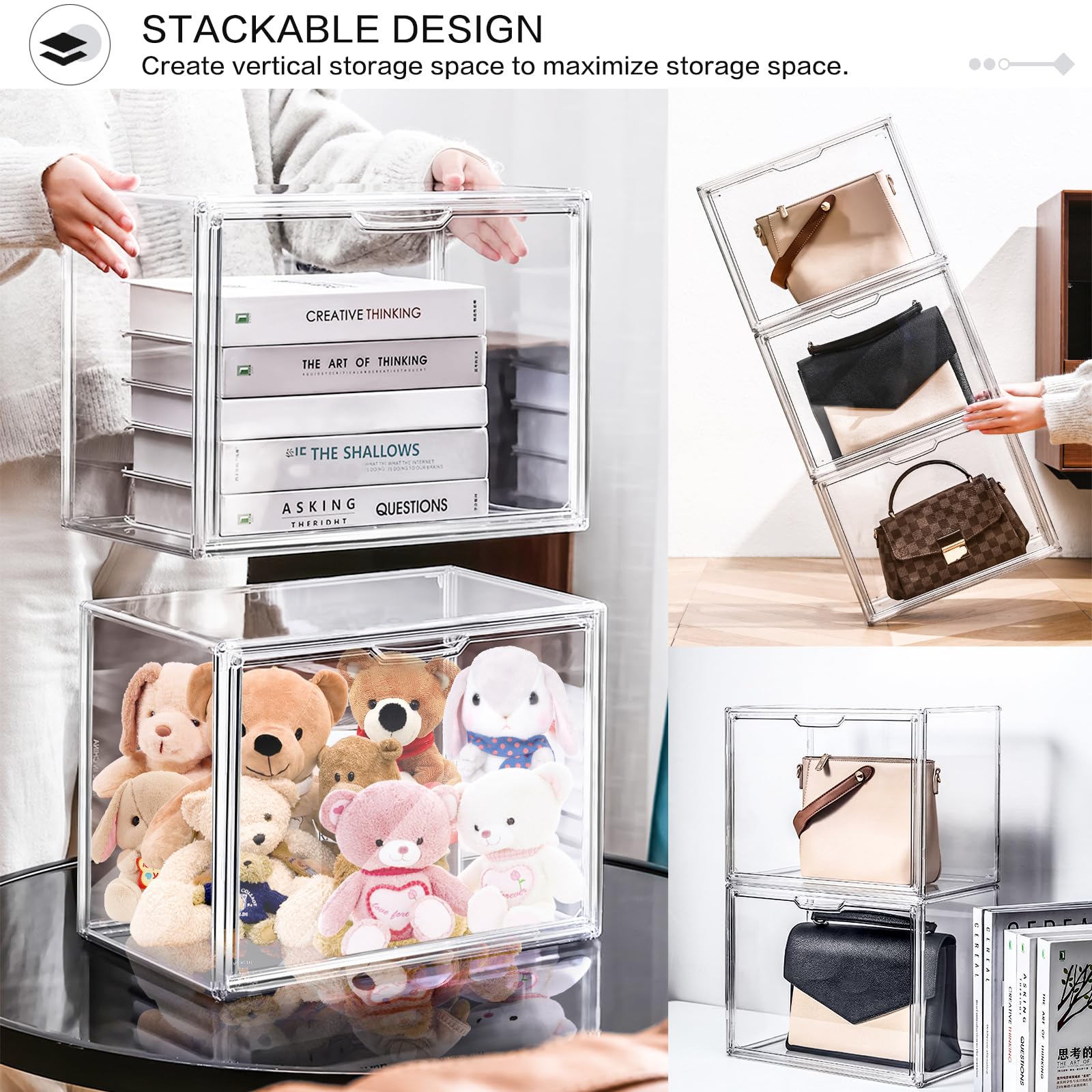 LINYAPRY 4 Packs Clear Plastic Handbag Storage Organizer for Closet, Acrylic Display Box for Handbag, Stackable Storage Boxes Bag Organizer with