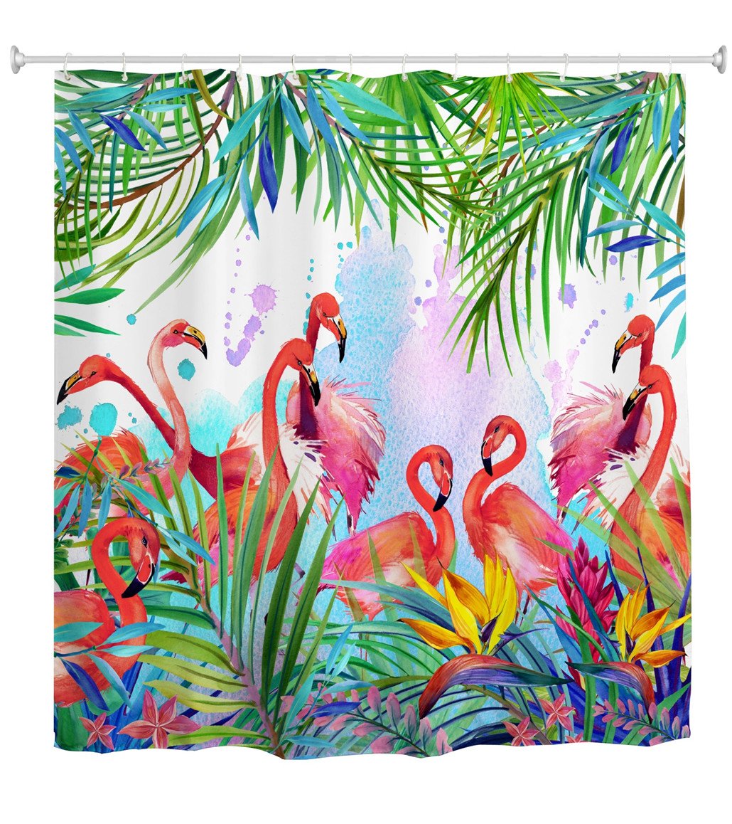 goodbath Long Shower Curtain 200cm Drops, Flamingos with Tropical Leaves Flowers Waterproof Anti Mould Fabric Shower Curtains for Bathroom, 180 x