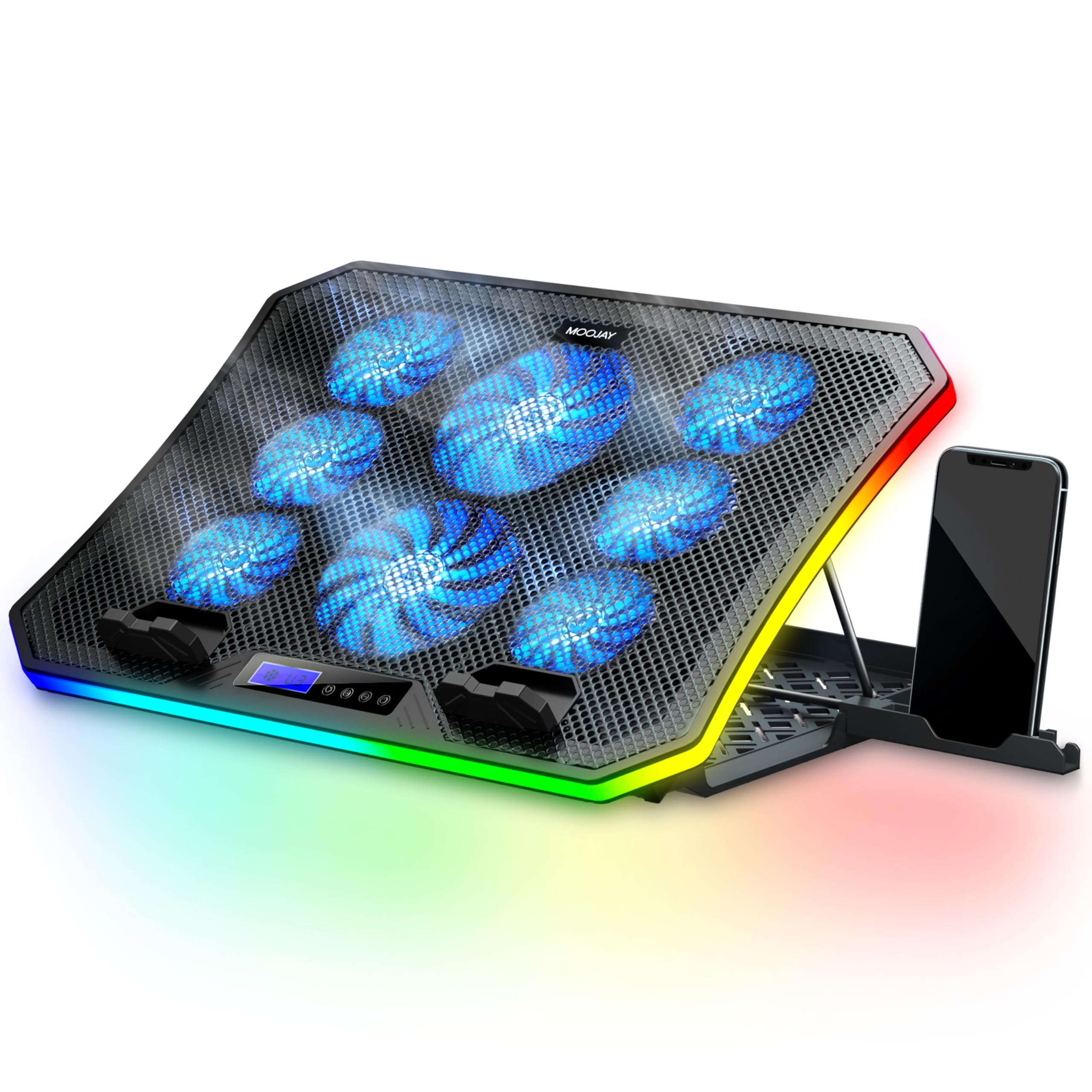 Laptop Cooling Pad RGB Gaming Notebook Cooler for Desk and Lap Use, MOOJAY Laptop Fan Stand 8 Adjustable Heights with 8 Quiet Fans and Phone Holder,