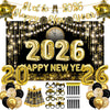 52Pcs New Years Eve Decorations 2026 Happy New Year Party Supplies Gold and Black New Year's Eve Decoration With Banner Balloons Glasses Hat Party