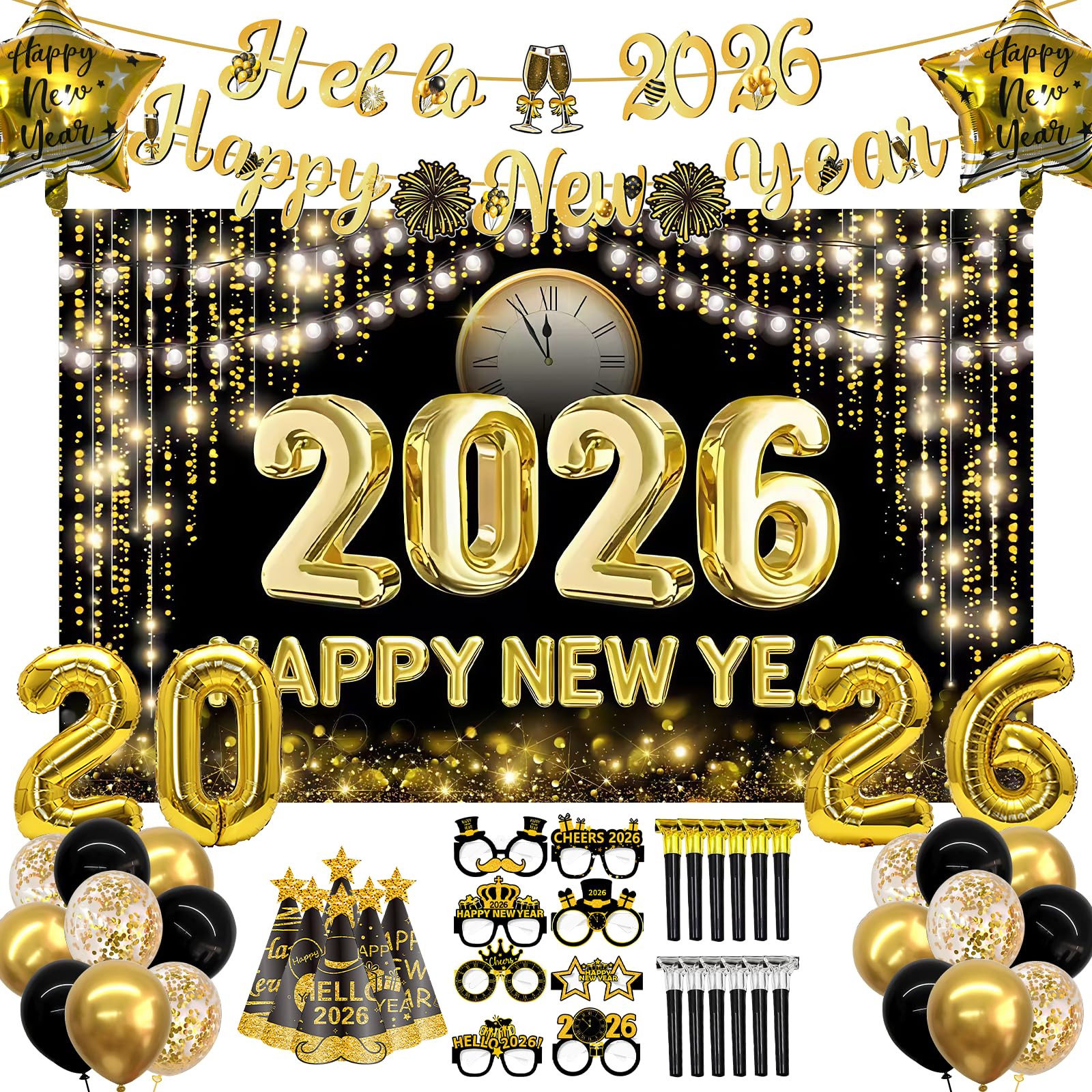 52Pcs New Years Eve Decorations 2026 Happy New Year Party Supplies Gold and Black New Year's Eve Decoration With Banner Balloons Glasses Hat Party