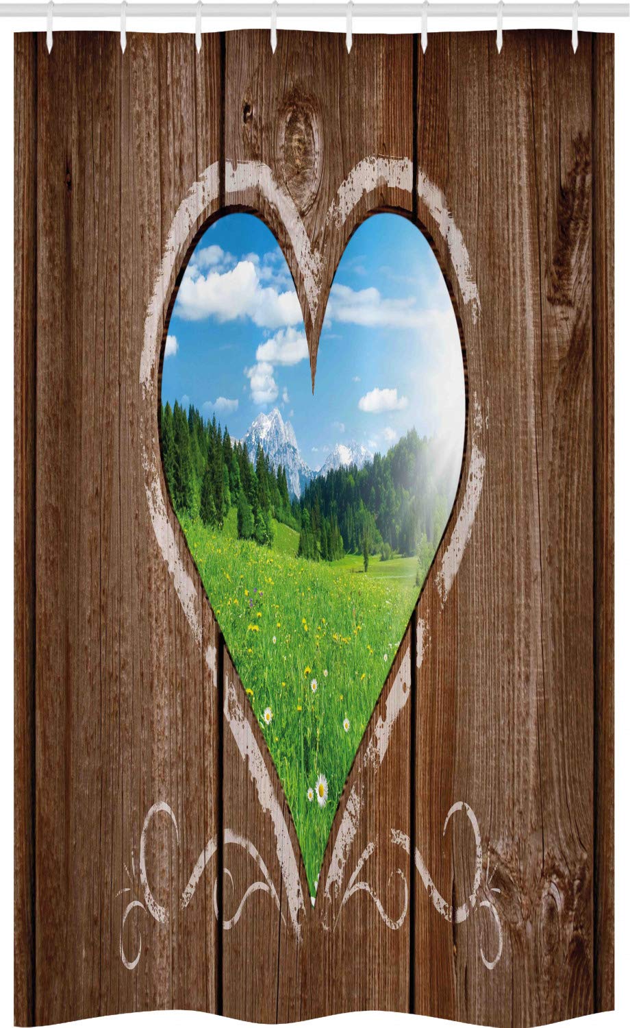 ABAKUHAUS Outhouse Stall Shower Curtain, Heart Window View from Wooden Rustic Farm Barn Shed Chalk Art Image, Fabric Bathroom Decor Set with Hooks,