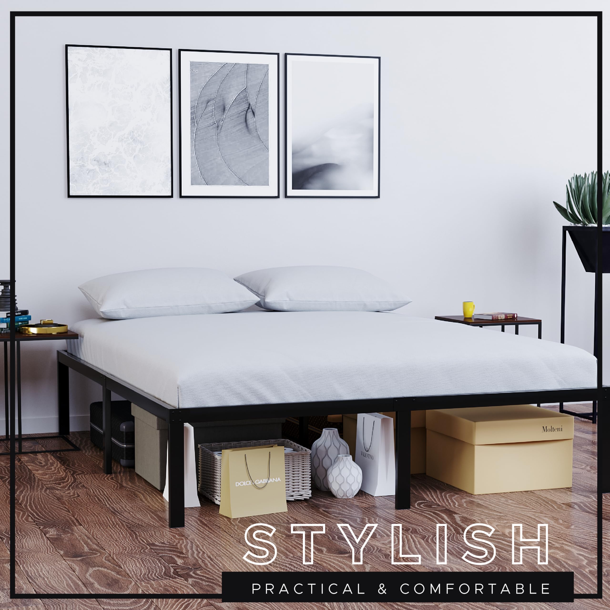 Dreamzie - Double Bed Frames Metal 135x190 with Storage 41cm - Sturdy and 20min Easy Assembly Bed Frames - Large Storage