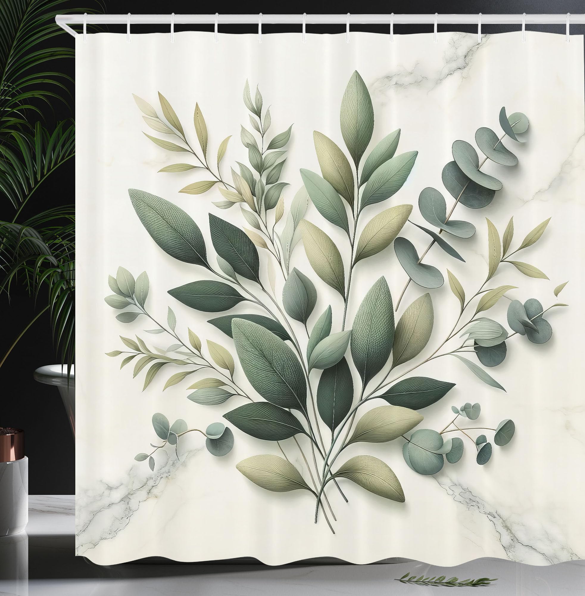 ABAKUHAUS Eucalyptus Leaves Shower Curtain, Botanical Art, Cloth Fabric Bathroom Decor Set with Hooks, 175 x 200 cm, Sage Green Off-White
