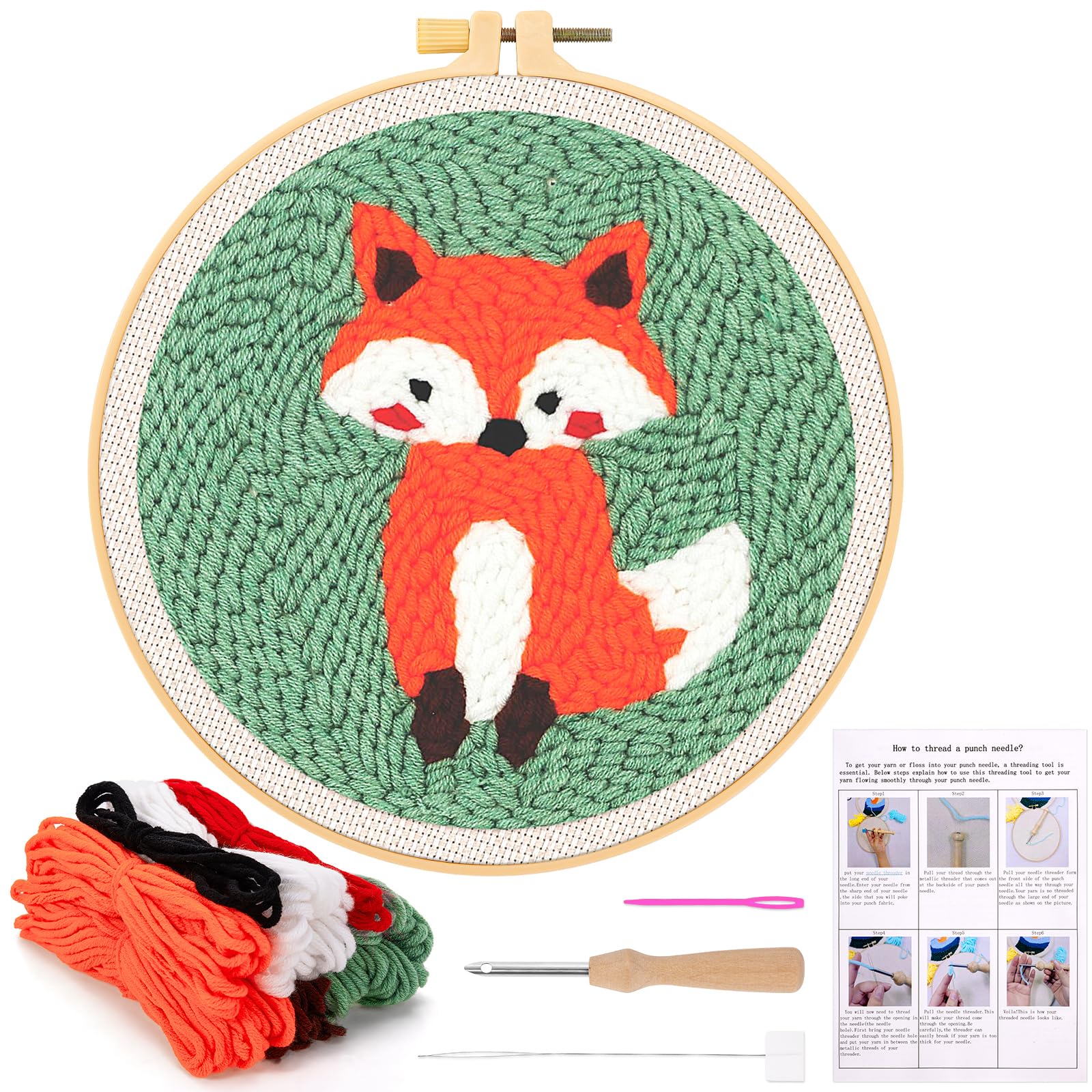 JSRQT Punch Needle Kit for Adults Beginners DIY Punch Needle Kits with Fox Pattern Handcraft DIY Embroidery Starter Kit Craft with Instructions Hoop