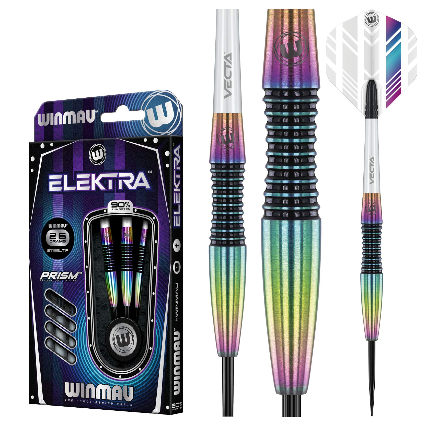 WINMAU Elektra 90% Tungsten Steel Tip Darts with Prism Flights and Vecta Shafts (Stems) 26 gram - Urban Grip - Match Weighed - Streamline Torpedo