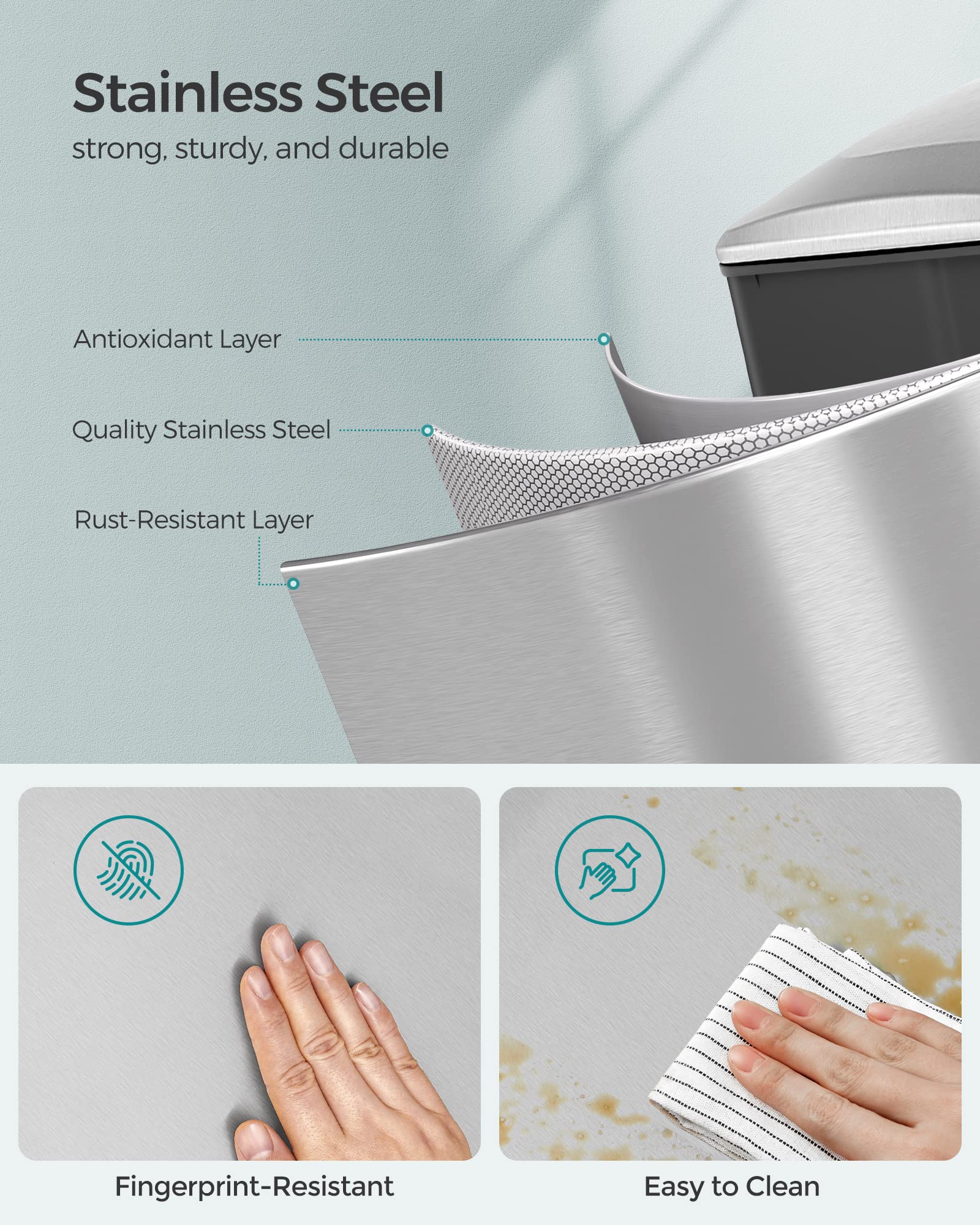 SONGMICS Kitchen Bin 48L, Slim Pedal Bin for Narrow Spaces, Rubbish and Waste Bin with Soft-Close Lid and Inner Bucket, Stainless Steel, 15 Rubbish