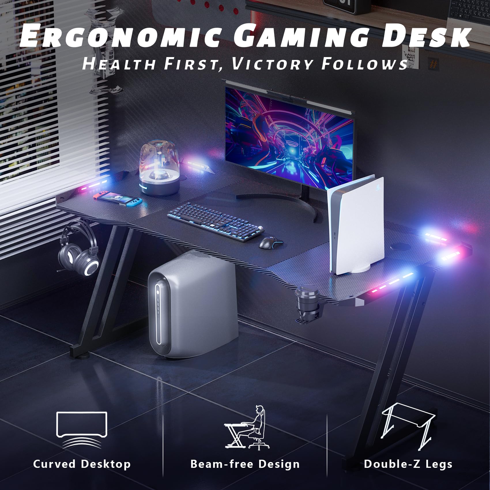 DLONGONE 120 x 60cm RGB Gaming Desk, Large Gaming Table for Laptop, Home Office Desk with Carbon Fiber Coated, Gaming PC Desk with Headphone Hook and