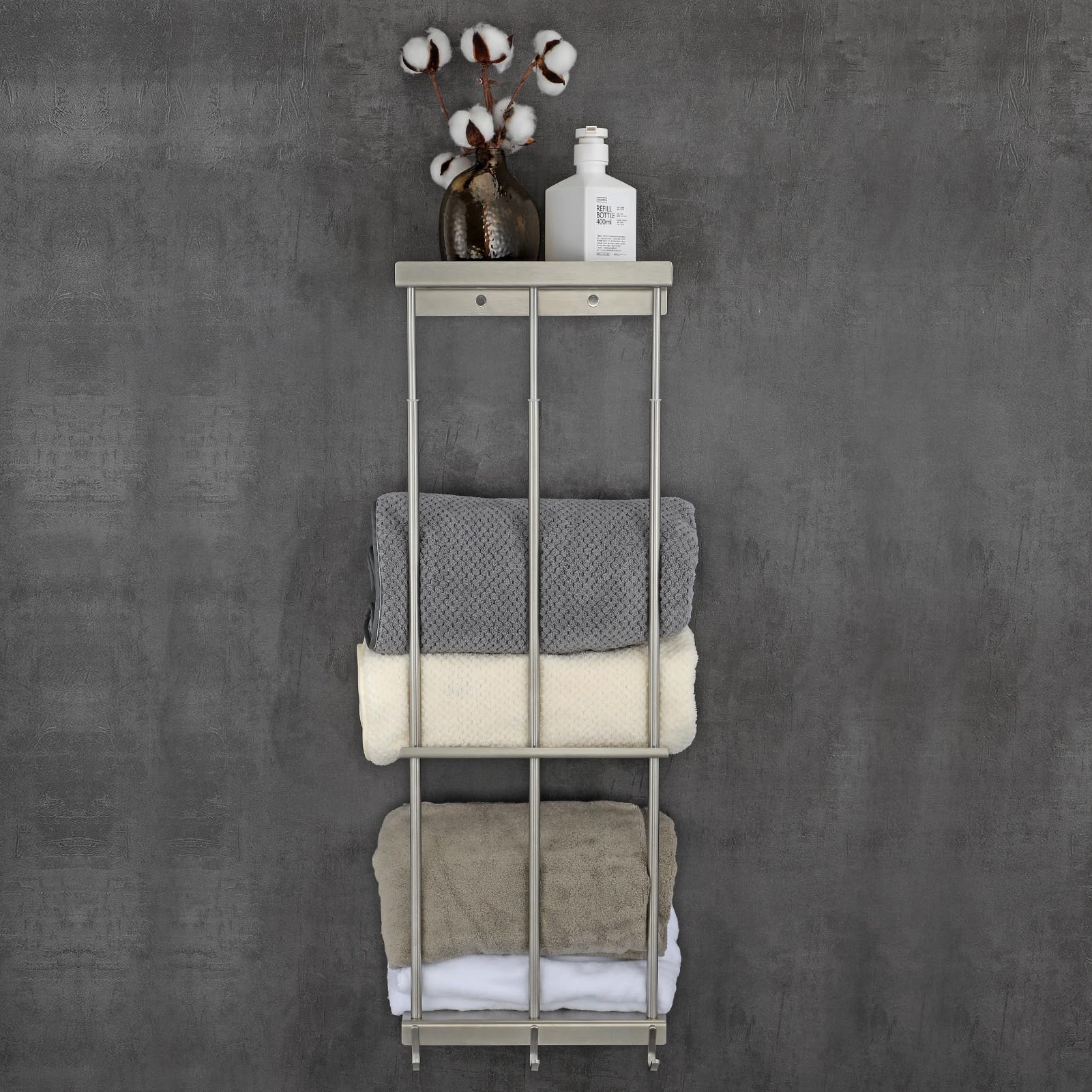 Womamny Extendible Towel Rail Bathroom Made of Rustproof V2A Stainless Steel (DIN 1.4301) with XXL Capacity and 3 Towel Hooks, Height Adjustment 65-93