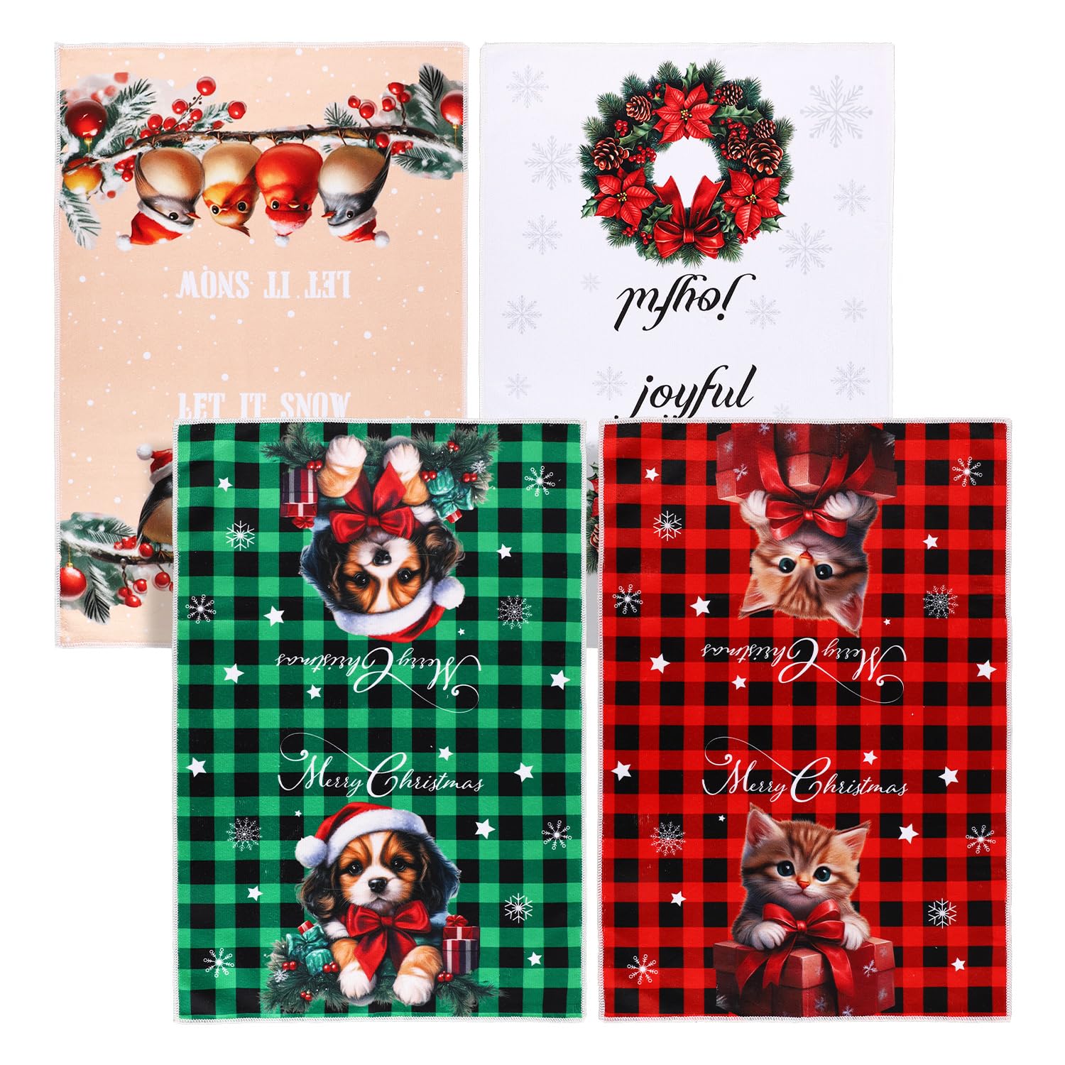 Gosknor 4pcs Christmas Kitchen Towels, Snowman Elk Dish Towels Plaid Holiday Hand Towels Winter Christmas Towels Housewarming Gifts for Kitchen (Style