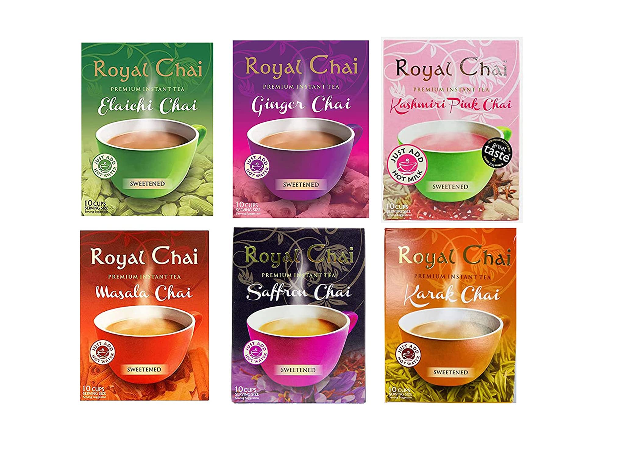 Royal Chai 6 Variety Pack Premium Instant Sweetened Tea - 10 Single Serving Sachets in Each Pack