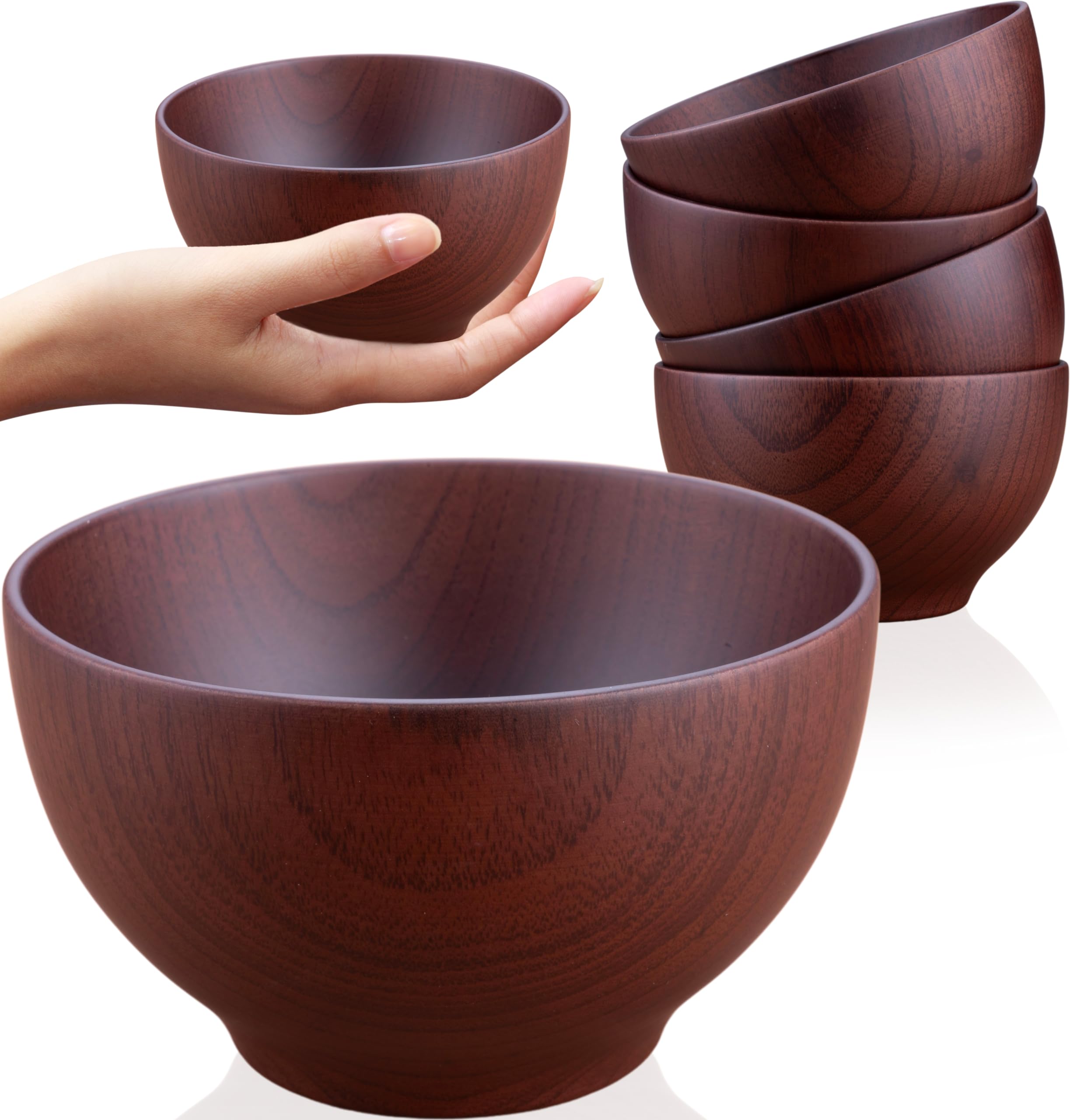 Set of Four Traditional Japanese Rice Bowls Made from Chestnut Wood - 12 cm - Serve Rice, soups, Desserts and Snacks with Asian Style (Dark)