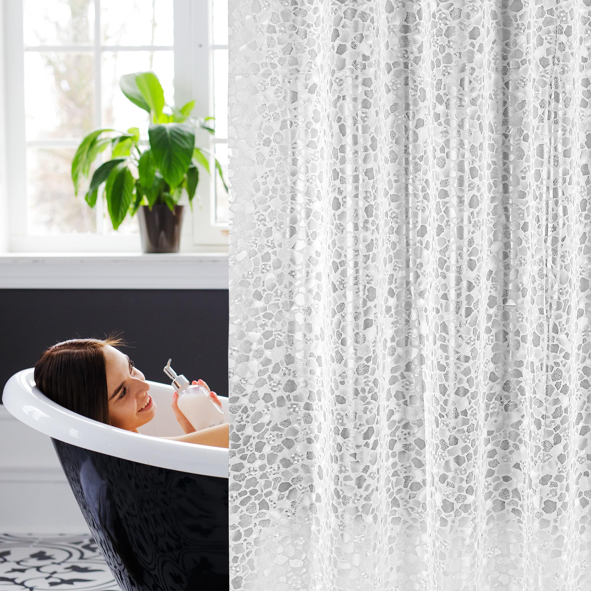 WELTRXE Shower Curtain, Waterproof Shower Curtain Liner, Mould Proof Mildew Resistant, 183 x 183cm, Clear Stone EVA Bathtub Curtain With 12 Grommets