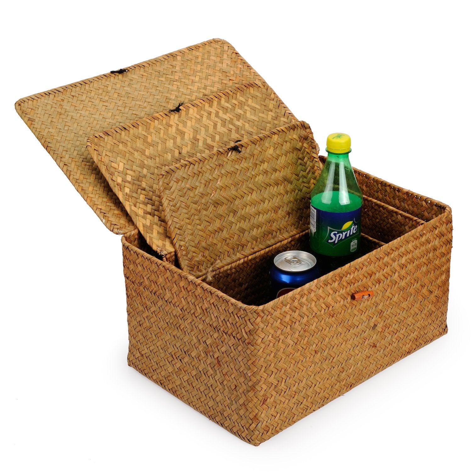 Seagrass Storage Baskets with Lid Natural Rattan Woven Rectangular Organizer Box Set of 3 (Large+Medium+Small)