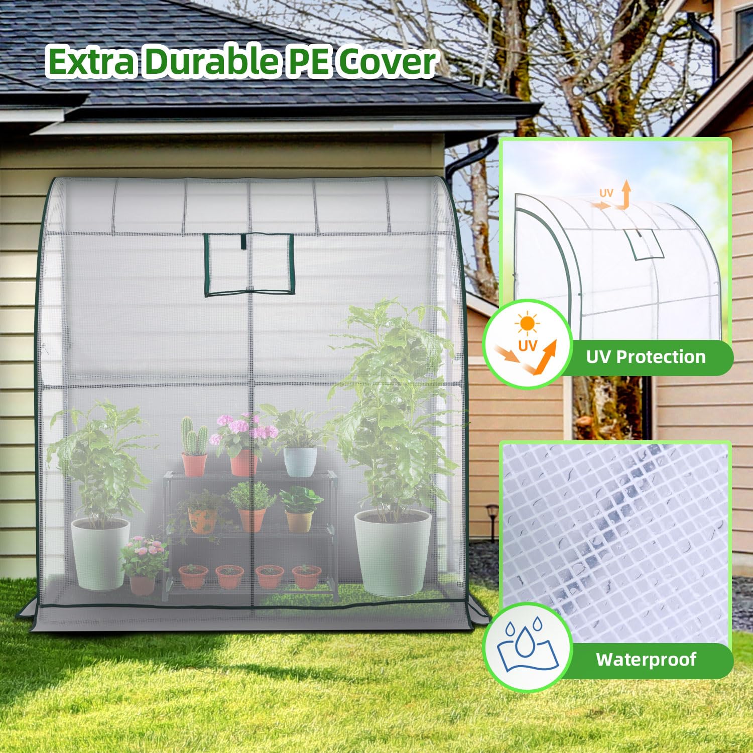 Lean to Greenhouse with Greenhouse Shelving: Ohuhu Portable Walk-in Green House with Mesh Windows 200x100x210 cm Reinforced Lean-to Wall Greenhouses