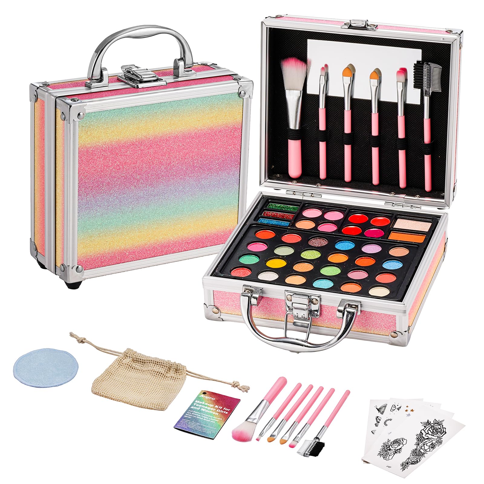 Anpro All-in-One Makeup Carry Case with Pro Teen Makeup Set, Full Starter Cosmetics Kit with Makeup Brushes, Eye Shadows Palette, Blushes, Glitter