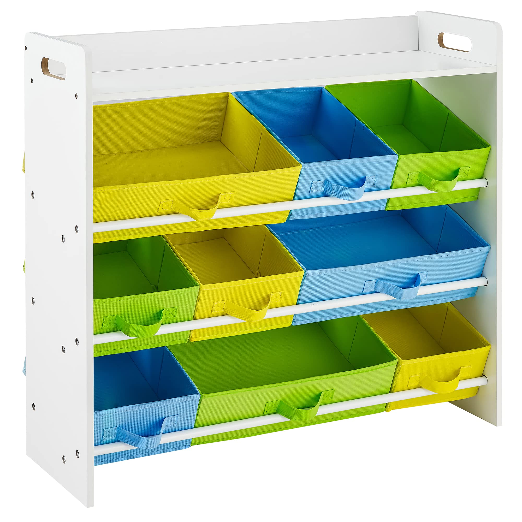 SONGMICS Toy Organiser with 9 Removable Non-Woven Fabric Bins, Kids Storage Unit and Bookshelf for Nursery Playroom, Wooden Frame with Shelf, White