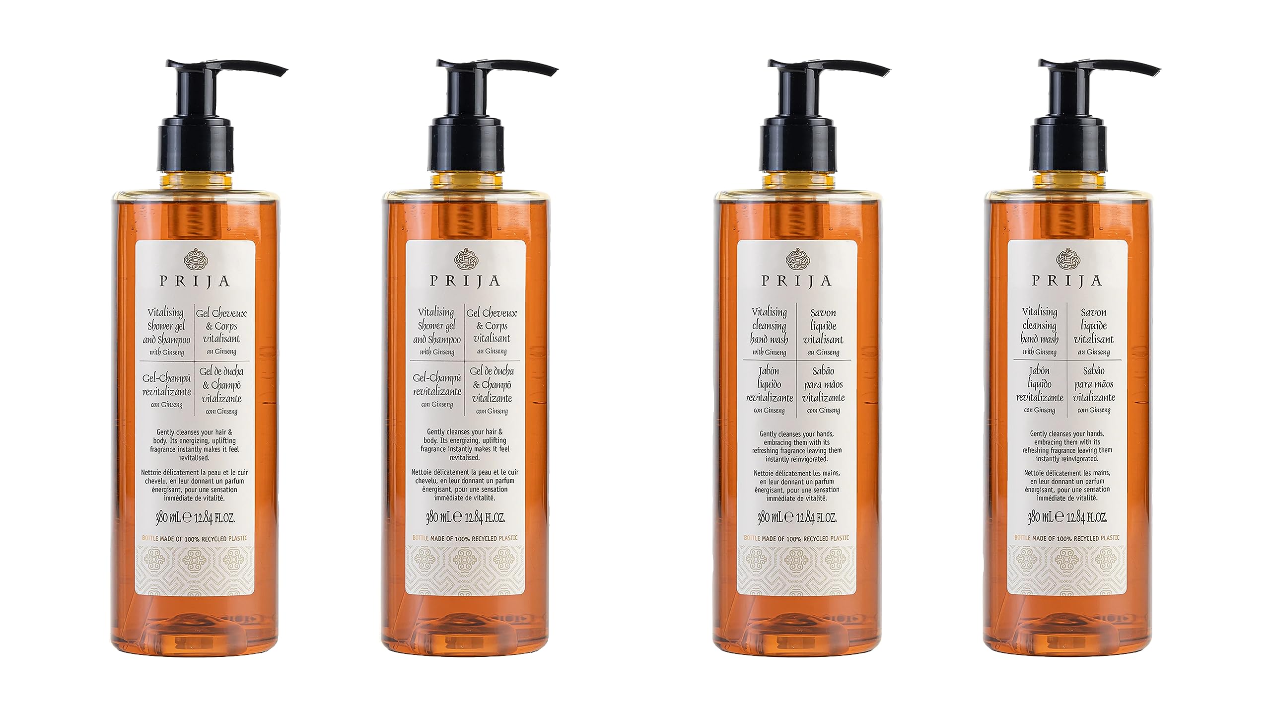Prija Vitalising Cleansing Hand Wash with Ginseng Extract and Vitalising 2 in 1 Shower Gel and Shampoo Bundle 4 x 380ml