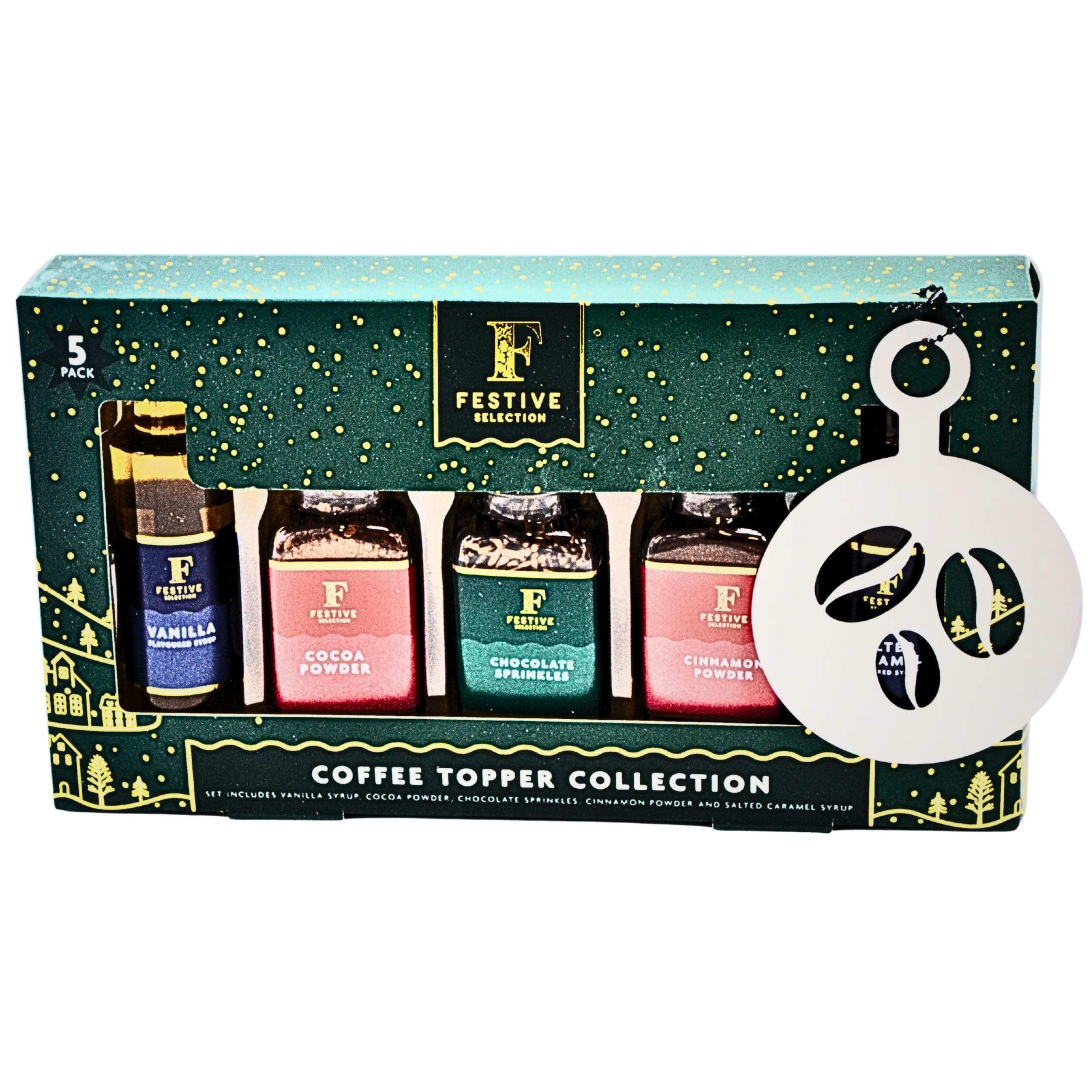 Coffee Gift Set | Coffee Syrup Gift Set | Coffee Topper Collection - Set Includes Cocoa Powder, Cinnamon Powder, Chocolate Sprinkle, Vanilla Syrup,