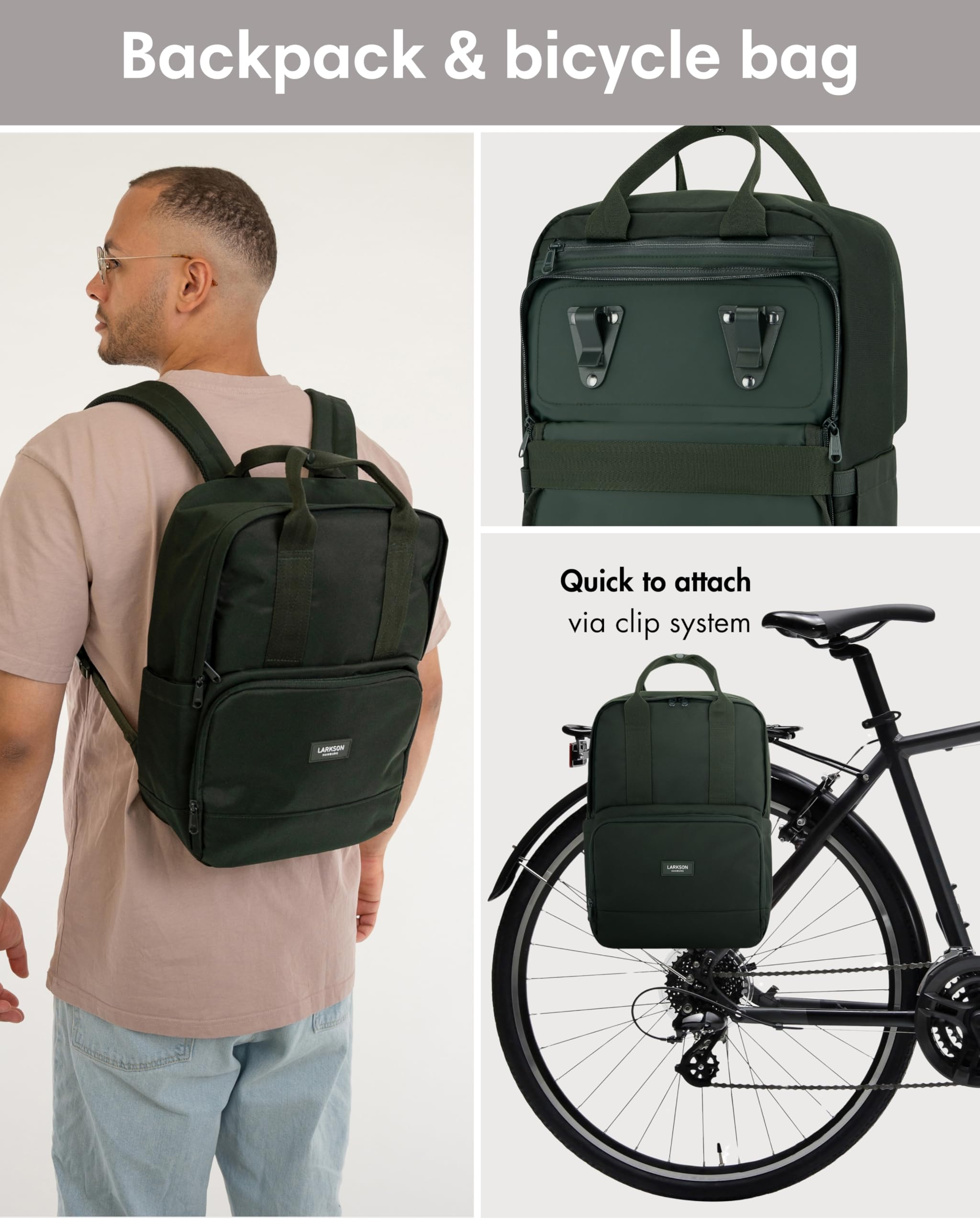 LARKSON Bike Pannier Bag for Bicycles Green - No 6 Bike - 2 in 1 Cycling Backpack & Rear Rack Bag - Cycle Rucksack - Water-Repellent