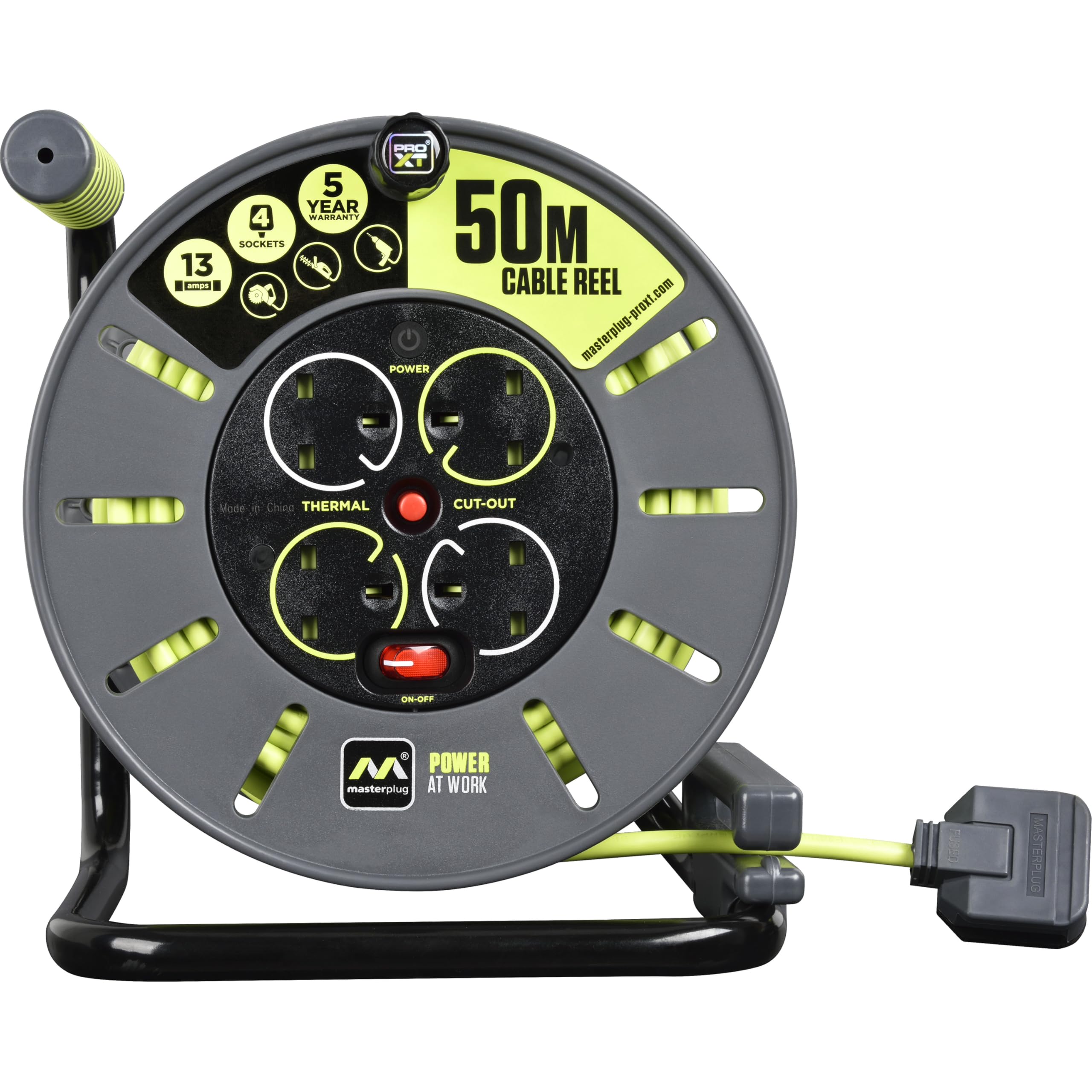 Masterplug OLU50134SL-PX Pro-XT Four Socket Open Cable Reel with Winding Handle, Thermal Cut Out and Power Switch, 50 Metres High Visibility Cable,