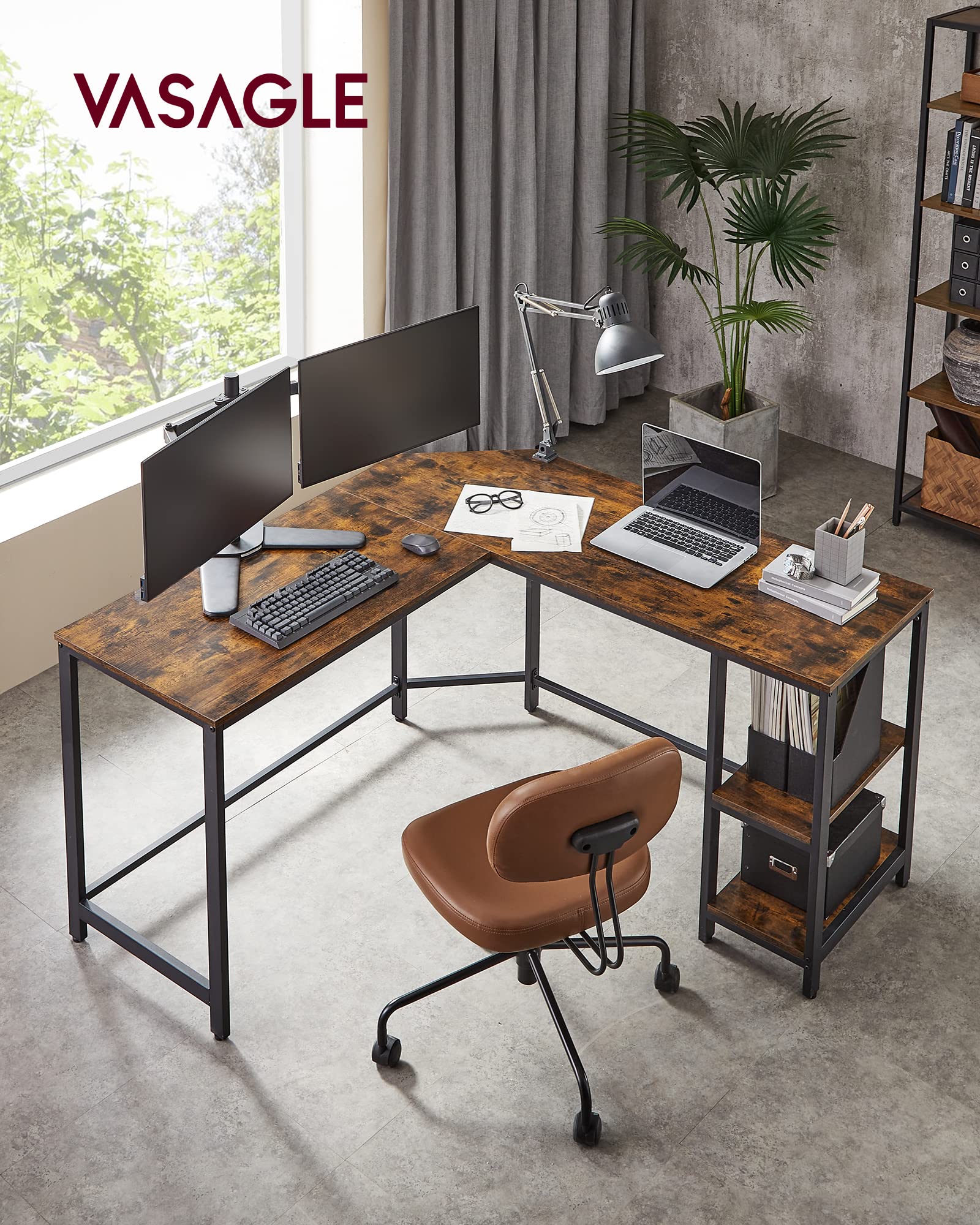 VASAGLE Computer Desk, L-Shaped Corner Desk, Gaming Desk, Workstation with 2 Storage Shelves for Home Office, Space-Saving, Easy to Assemble, Rustic