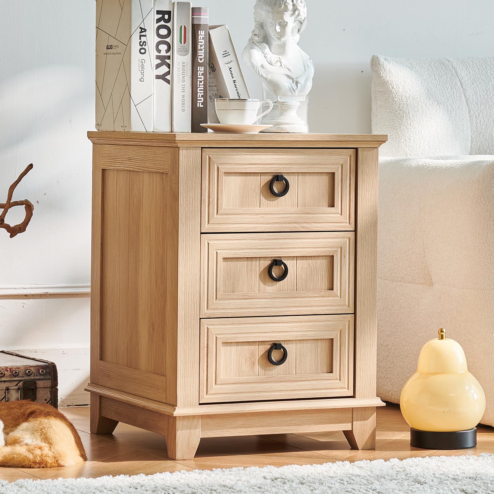 LELELINKY 3 Drawers, Side Table Chest of Drawers for Bedroom, natural Wood Bedside Table, Wooden Bed Side Table with Metal Handle, Nightstand for
