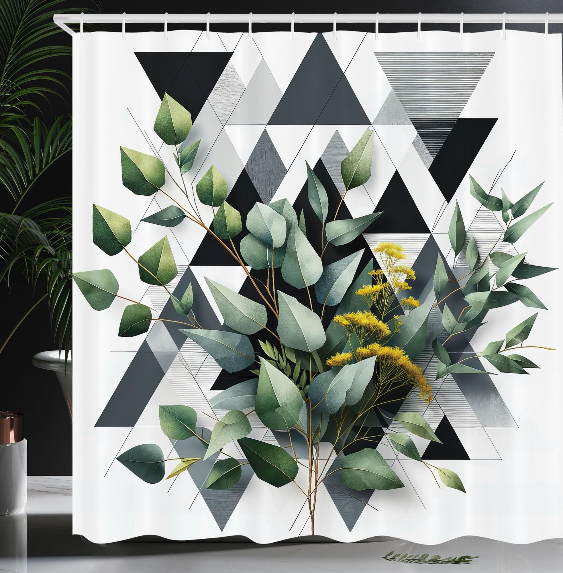 ABAKUHAUS Eucalyptus Leaves Shower Curtain, Meadow Bouquet, Cloth Fabric Bathroom Decor Set with Hooks, 175 x 200 cm, Dark Blue Grey Green
