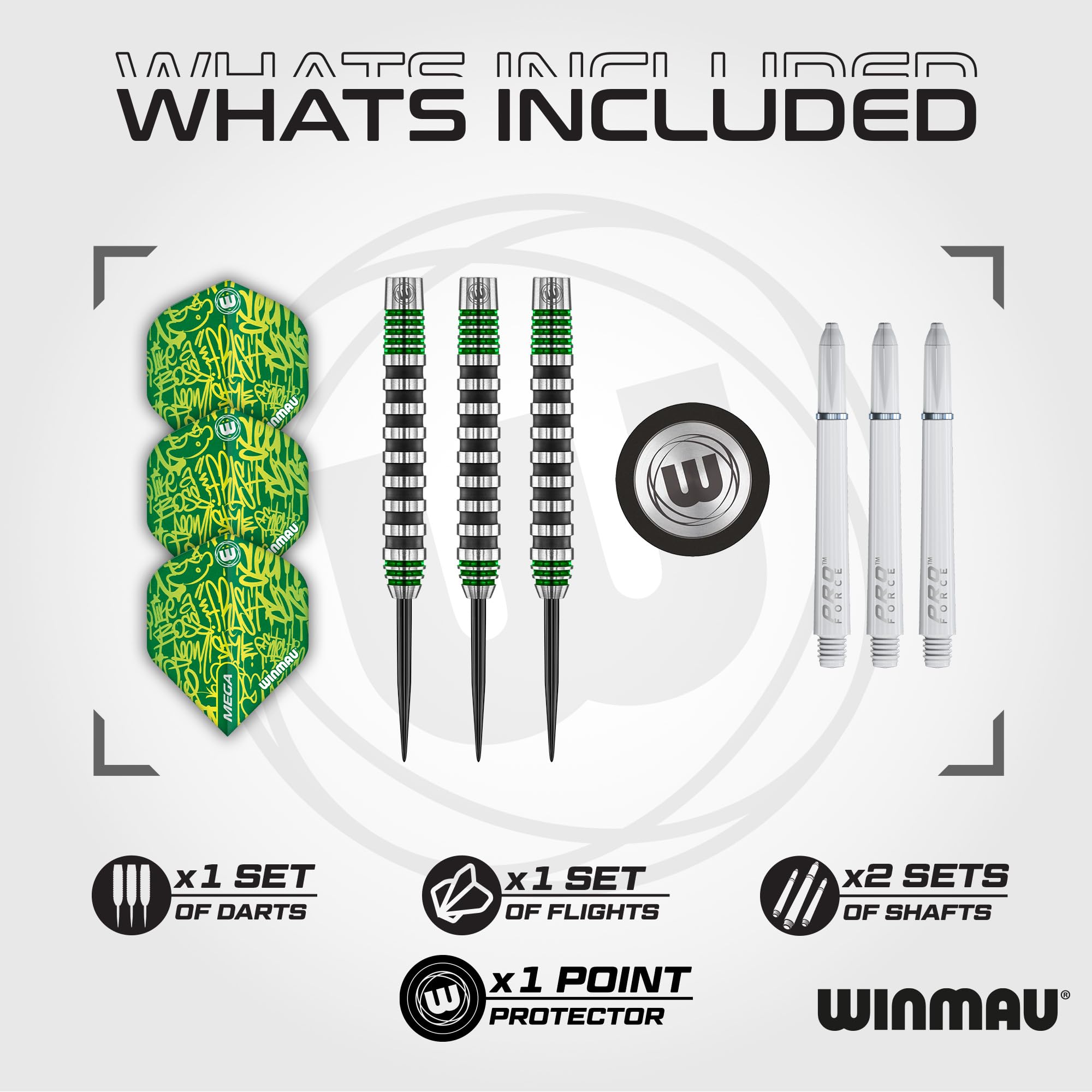 WINMAU Advance 500 Series Tungsten Green 22 Gram Steeltip Darts Set with Flights and Shafts (Stems)