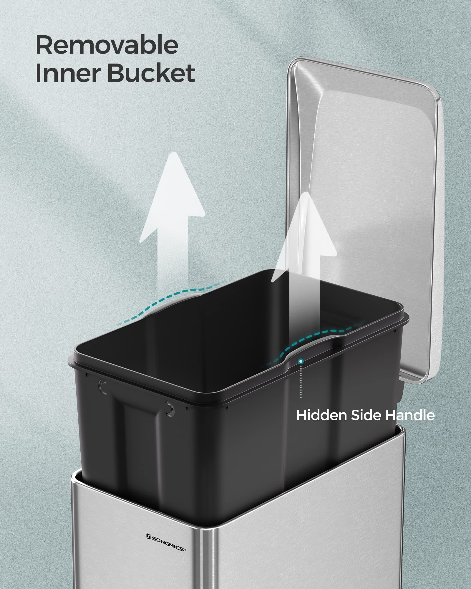 SONGMICS Kitchen Bin 48L, Slim Pedal Bin for Narrow Spaces, Rubbish and Waste Bin with Soft-Close Lid and Inner Bucket, Stainless Steel, 15 Rubbish