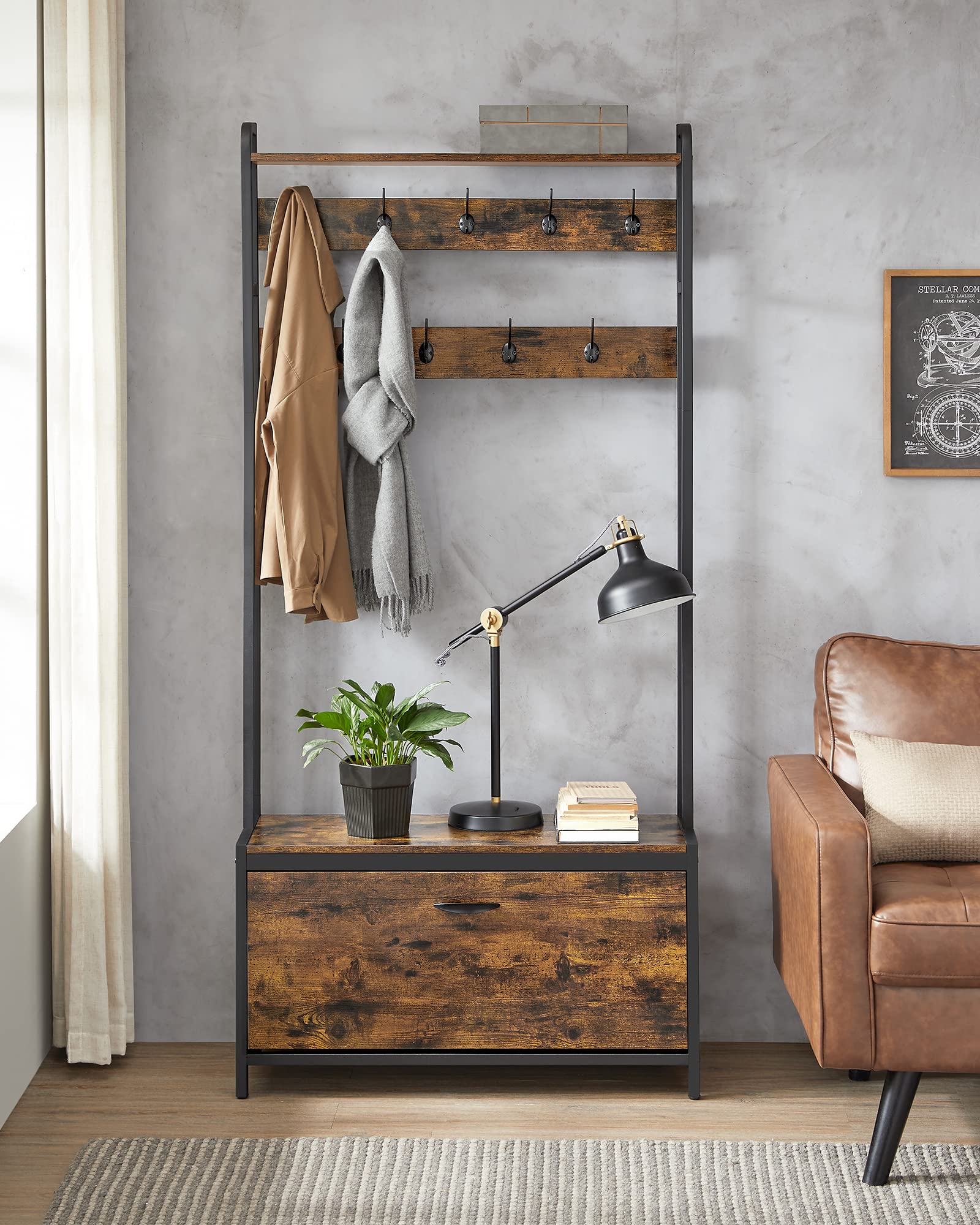 VASAGLE Coat Rack with Shoe Storage, Hall Tree with Bench, 9 Hooks and Top Shelf, for Hallway, Bedroom, Industrial Style, Rustic Brown and Ink Black
