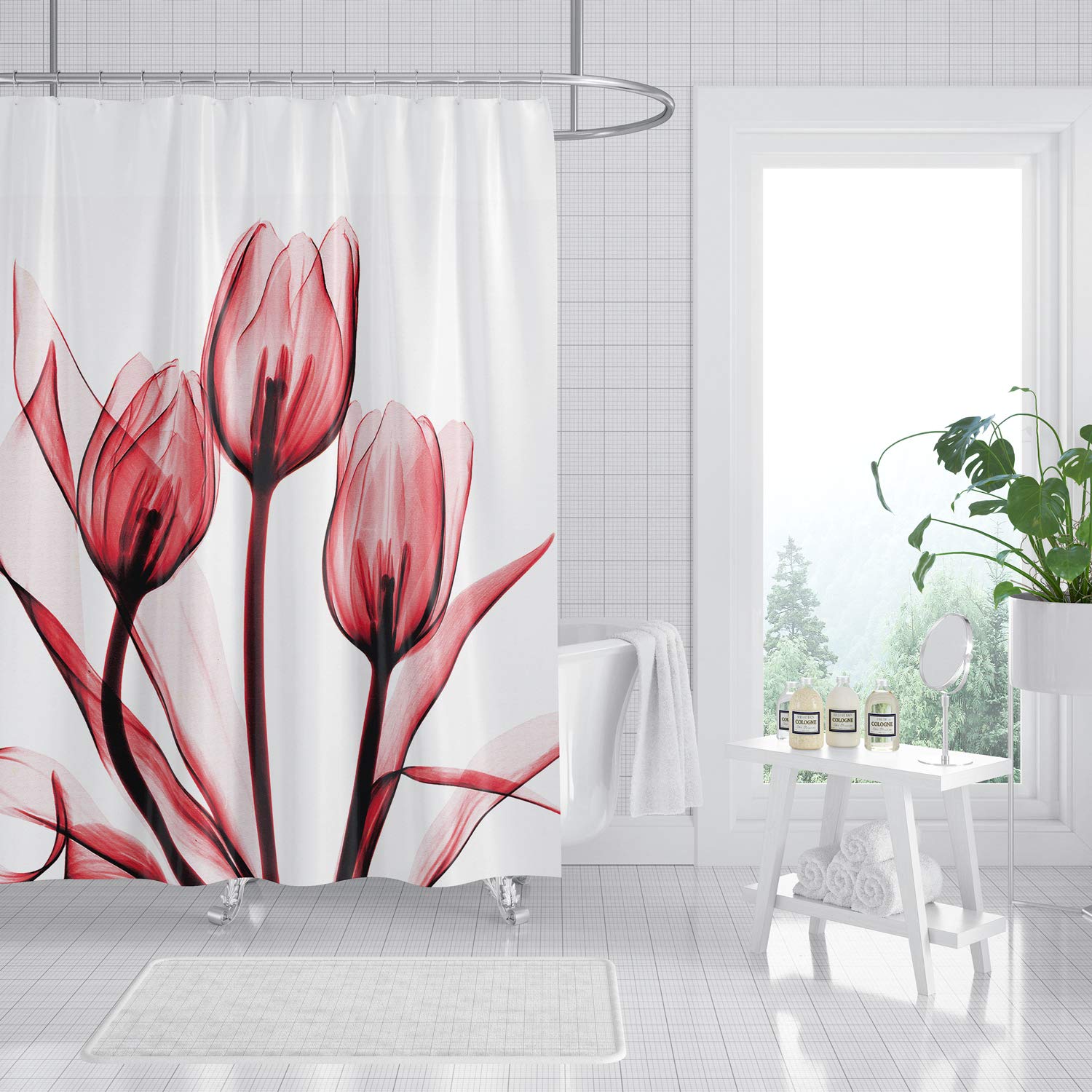 M&W DasDesign Shower Curtain Rose Tulips Flowers Plants Bathroom Textile Curtain Anti-Mould Effect Leaves Washable Shower Curtain Bath Includes 12