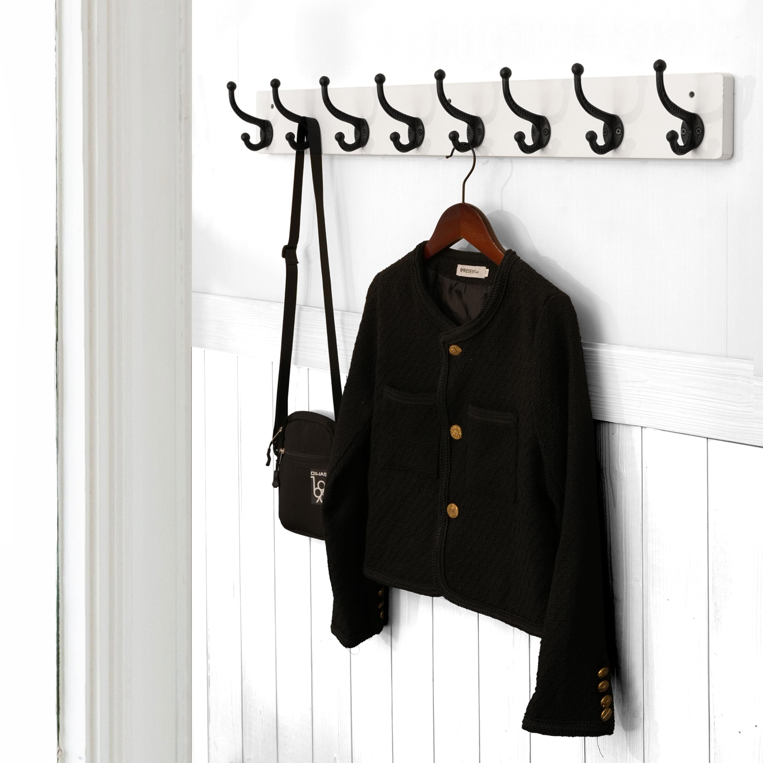 WEBI Rustic Coat Rack Wall Mount Long 8 Cast Iron Coat Hooks Wall Mounted,Heavy Duty Wall Coat Hanger Hooks for Hanging Coats,Clothes,Black on White,2