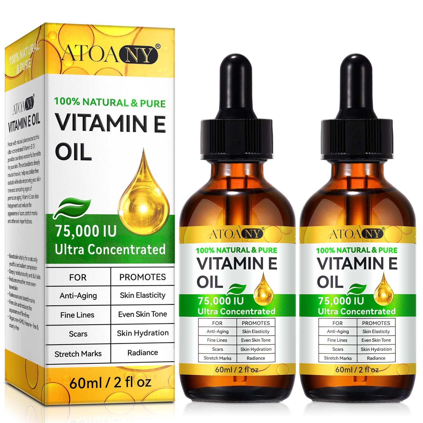 Vitamin E Oil 75,000 IU 2 Pack - 100% Organic Pure Vitamin E Oil for Skin, Face, Hair, Body - Natural Antioxidant for Dryness, Wrinkles, Scars &