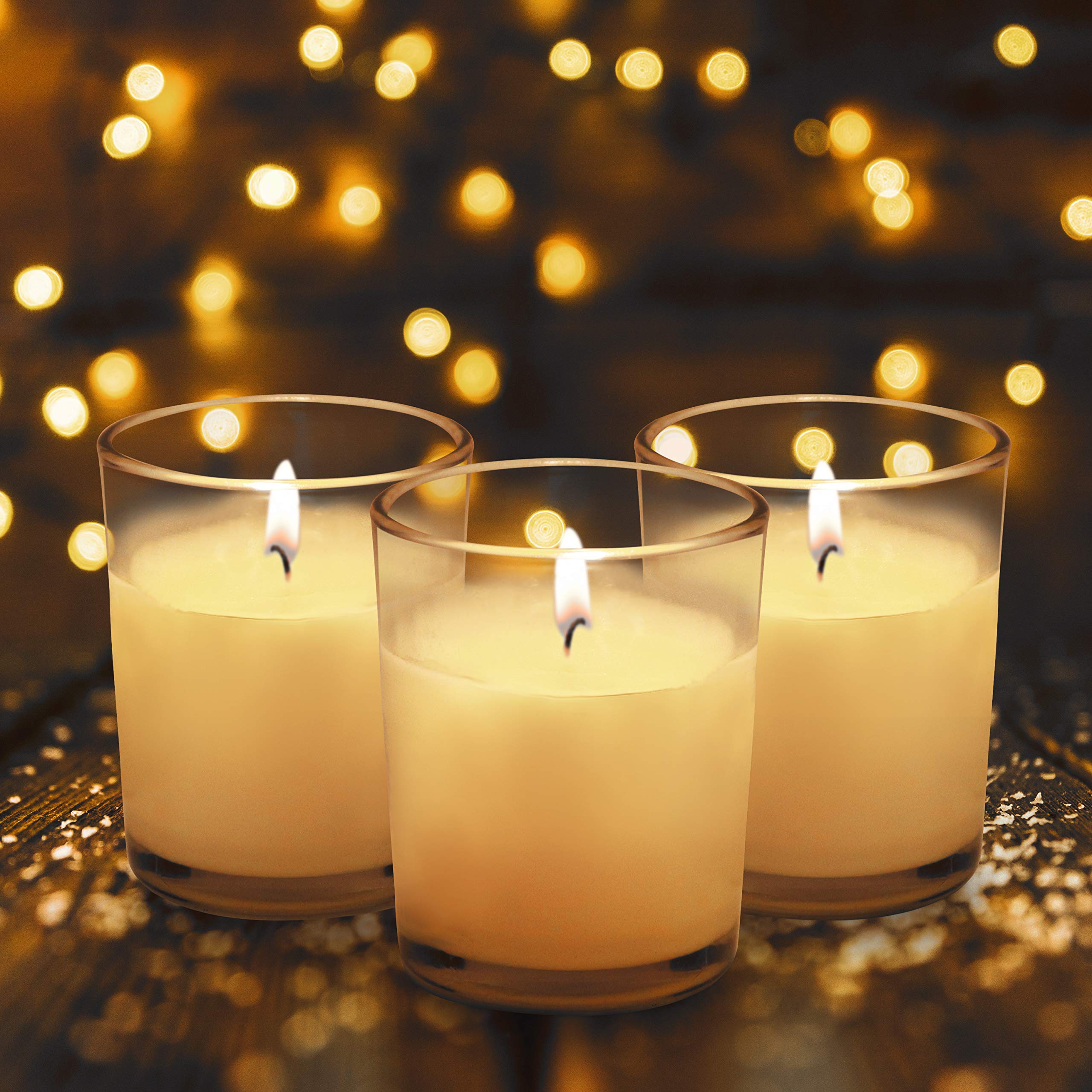 Belle Vous Unscented Clear Glass Filled Votive Candles (24 Pack) - 12 Hour Burn Time - Clear Glass Holders with Hand Poured Warm White Wax Candles -