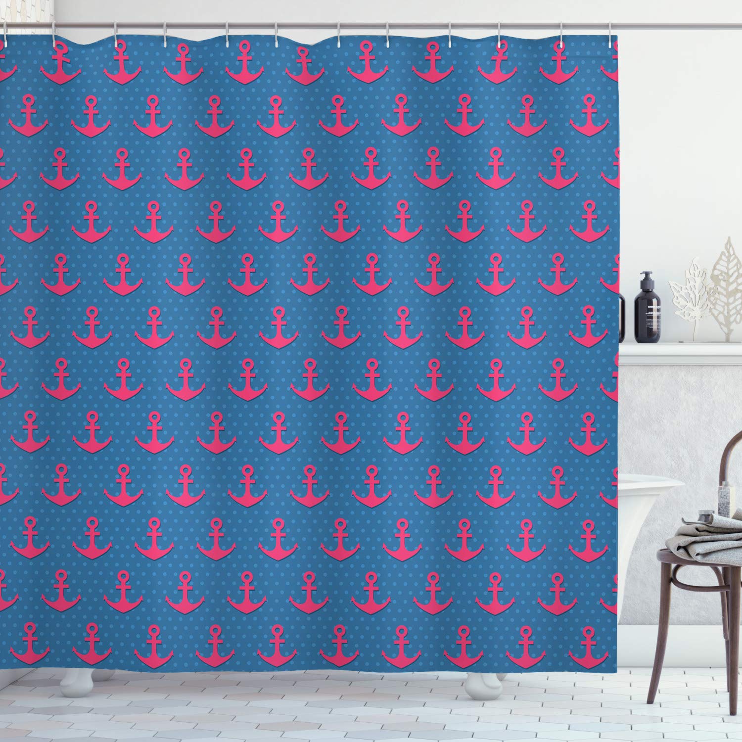ABAKUHAUS Anchor Shower Curtain, Pink on Blue Polka Dotted Background Retro Nautical Pattern Print, Cloth Fabric Bathroom Decor Set with Hooks, 175 x