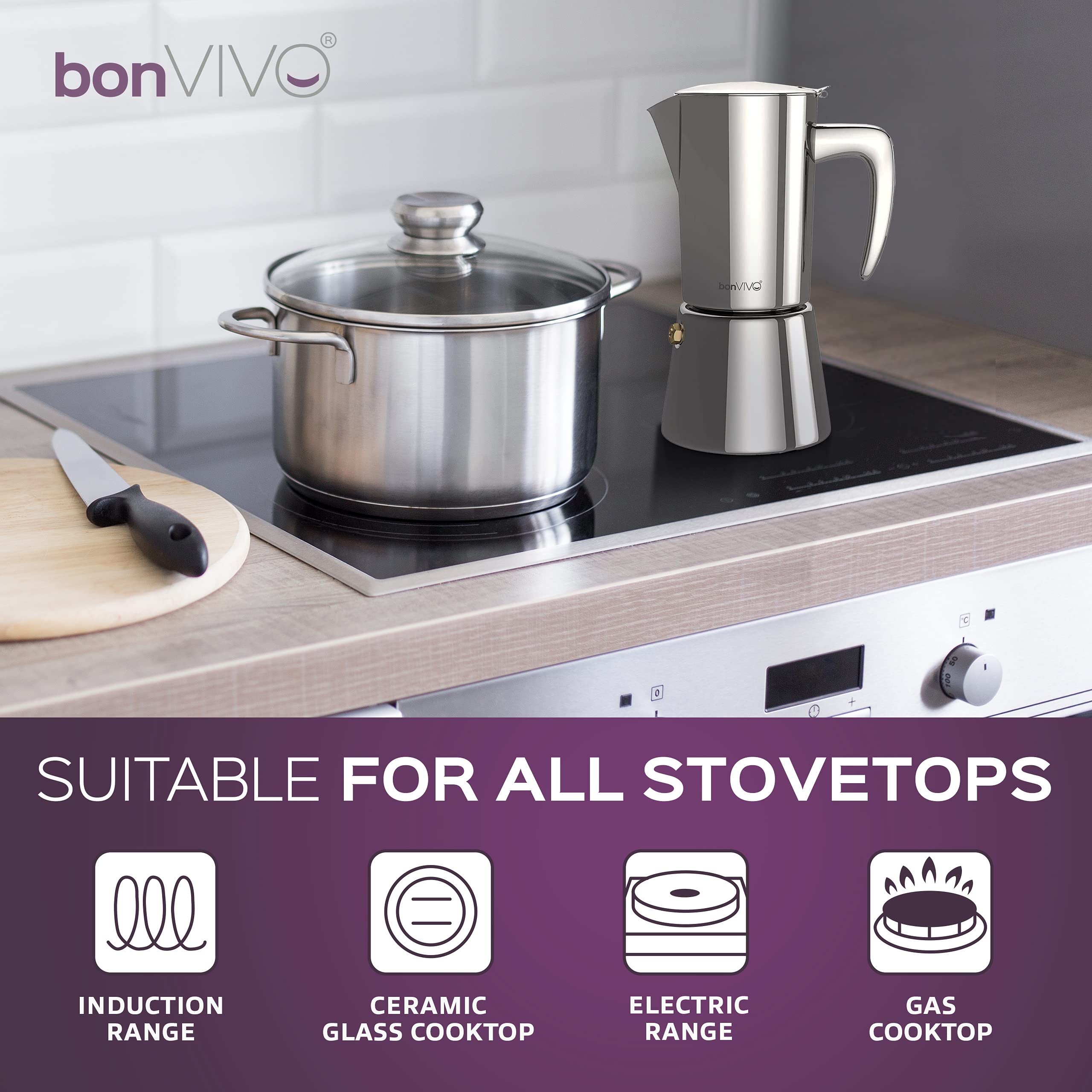 bonVIVO Moka Pot - Intenca, 300ml, Stainless Steel Espresso Maker w/Silver Chrome Finish - Stove Top Italian Coffee Maker - 6 Cup Coffee Pot - Gifts