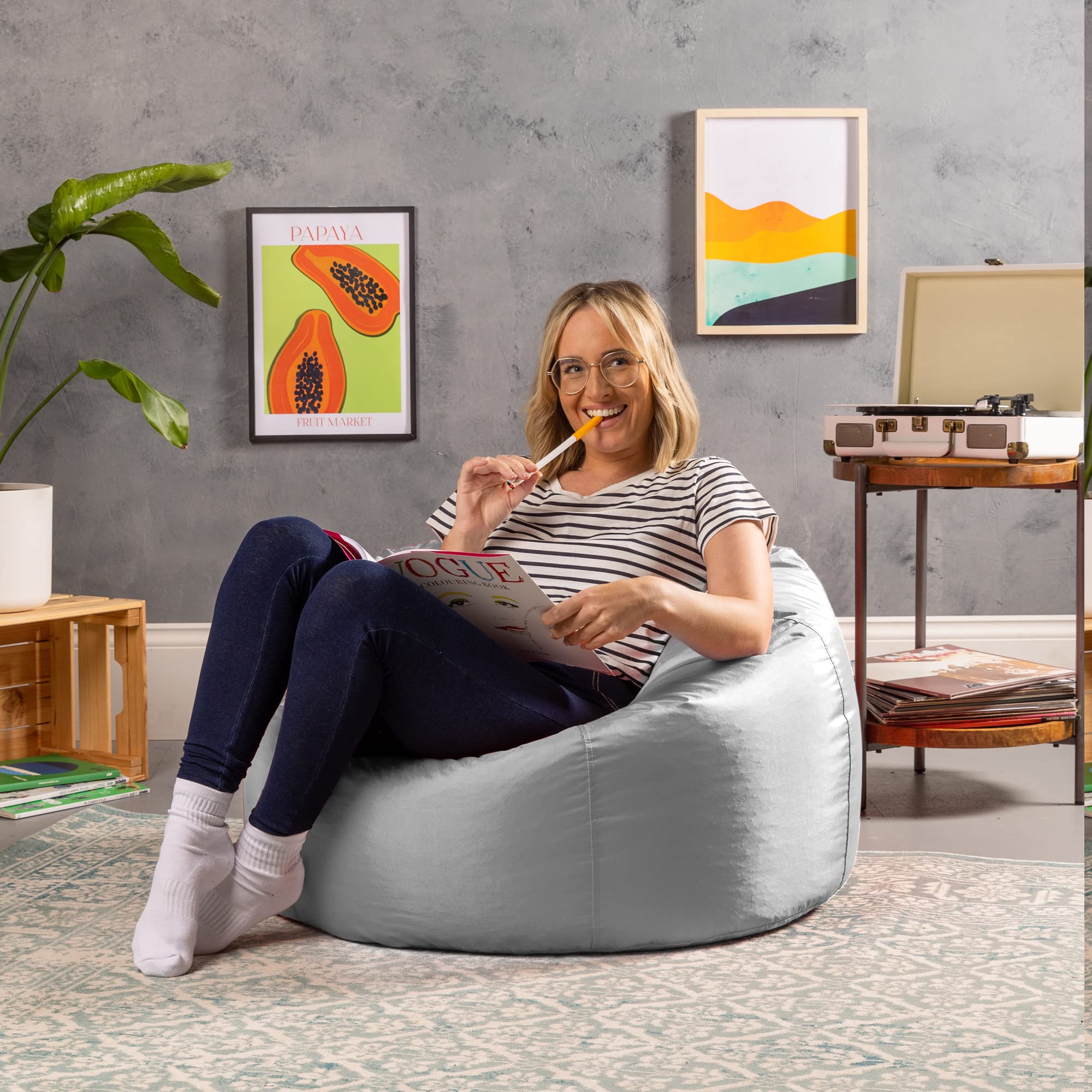 Bean Bag Bazaar Outdoor Bean Bag, Grey, Water Resistant Fabric, Large Beanbag with Filling Included, Floor Chair, Garden Chair, Outdoor Seating,
