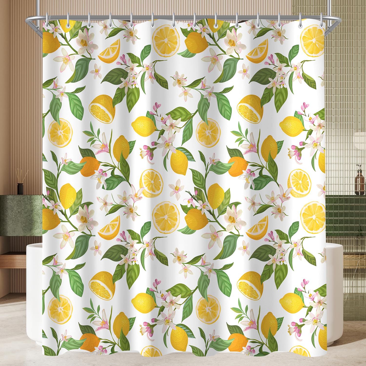 Lerores Shower Curtain, 150 x 200 cm, Lemon Leaves, Weighted Hem, Anti-Mould, Water-Repellent, Washable Polyester Bath Curtains with 8 Eyelets and