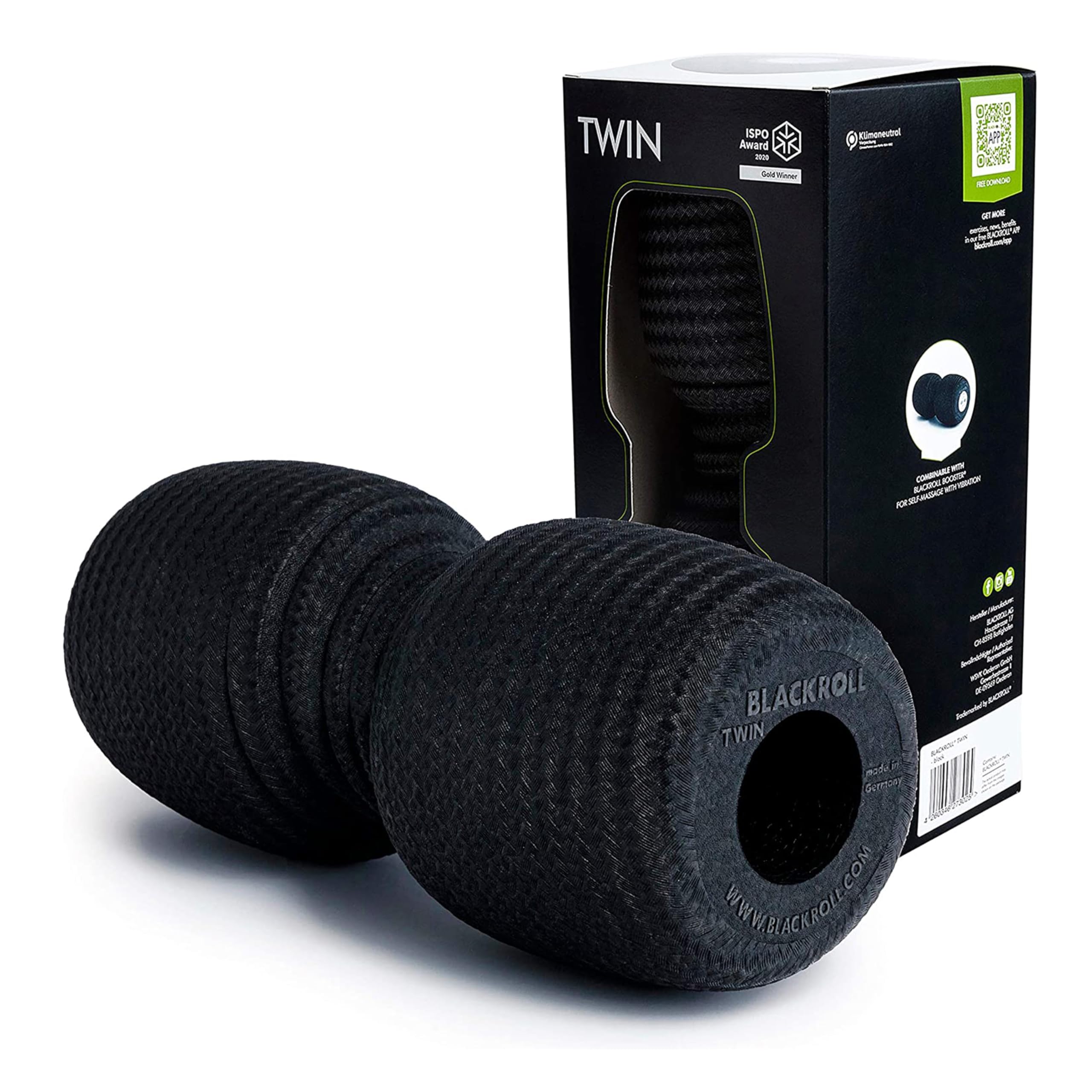 BLACKROLL? Twin Fascia Roller (30 cm x 13 cm) Massage Roller with Spine Space | Point Self Massage and Regeneration | Medium Hardness | Made in