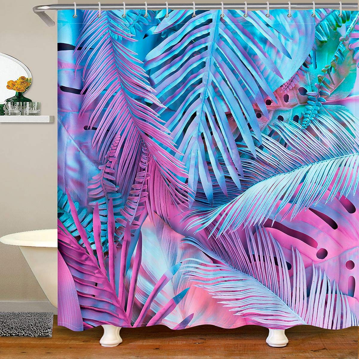 Loussiesd Tropical Leaves Waterproof Shower Curtains Purple Blue Palm Leaf Fabric Bathroom Shower Curtain Boys Girls Botanical Branches Shower Curtain